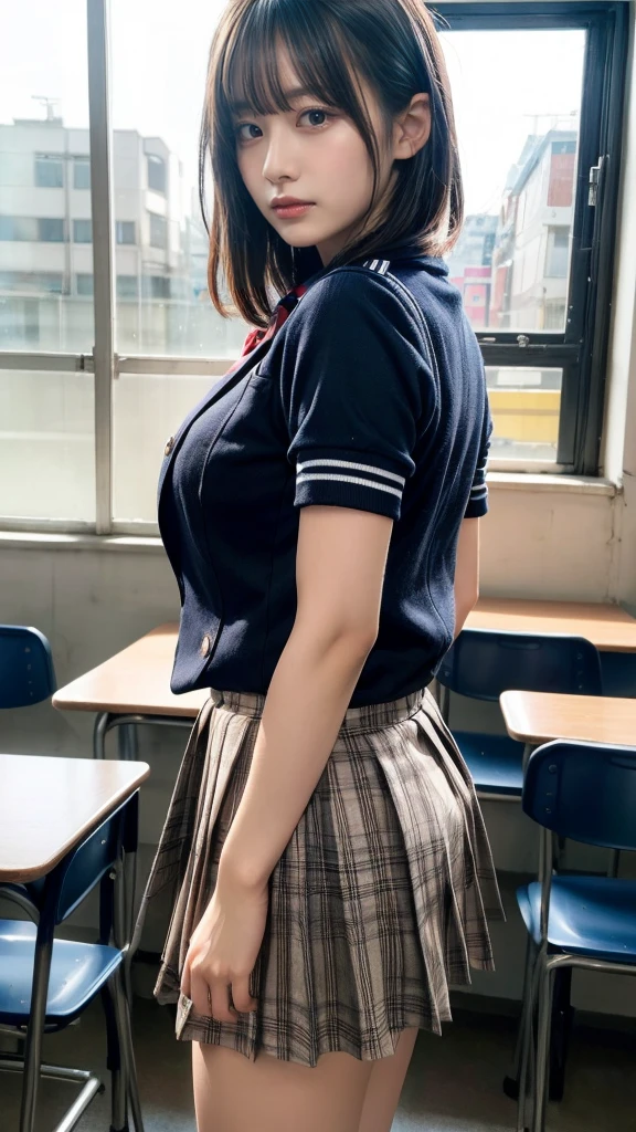 masterpiece, best quality, illustration, Super detailed, fine details, High resolution, 8K,wall paper, perfect dynamic composition,(Details High quality, realistic depiction of eyes:1.3), from side, High School Classroom、High school girl uniform、blazer 、Super Short Check Uniform Skirt、Navy blue high socks、garterbelts、Large swollen breasts, Disturbed uniform, short bob hair, black hair color, huge breasts, Big Natural Color Lip, bold sexy pose, perfect body shape, crying a little、cold gaze, Harajuku style、20 year old girl、cute type, beautiful legs, hposing Gravure Idol