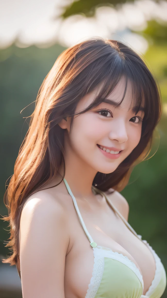 Enhanced dynamic perspective,Cute cute beautiful girl,JK ,Look at me and smile,simple backgound,Works of masters,high quarity,4K resolution,super-fine,Detailed pubic hair,precise,Cinematic lighting,Leaves the original facial proportions、(large full breasts)、((buttonGap:0.1)), micro bikini, ,do not emphasize the top of the bust,