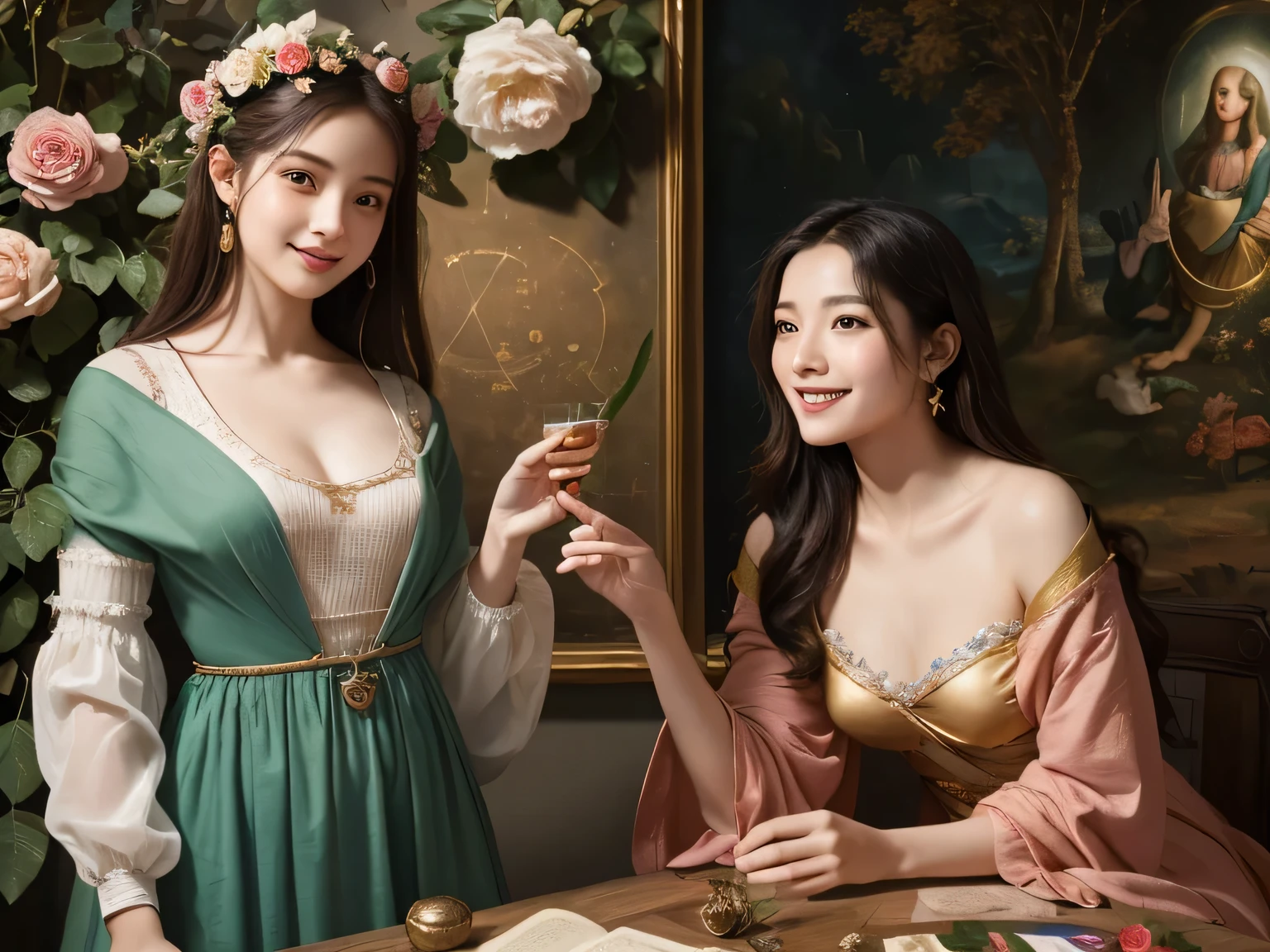 Giorgione painting style,Arguments of two female Philosophe,math、astronomical machine、astronaut、roses in vase、fruits、Cute trinkets、smile、ancient greek costume、Background is a forest lake at night 、Clothes that stretch your shoulders、A big smile、beautiful bare skin、A detailed representation of the seducing woman throughout her body.