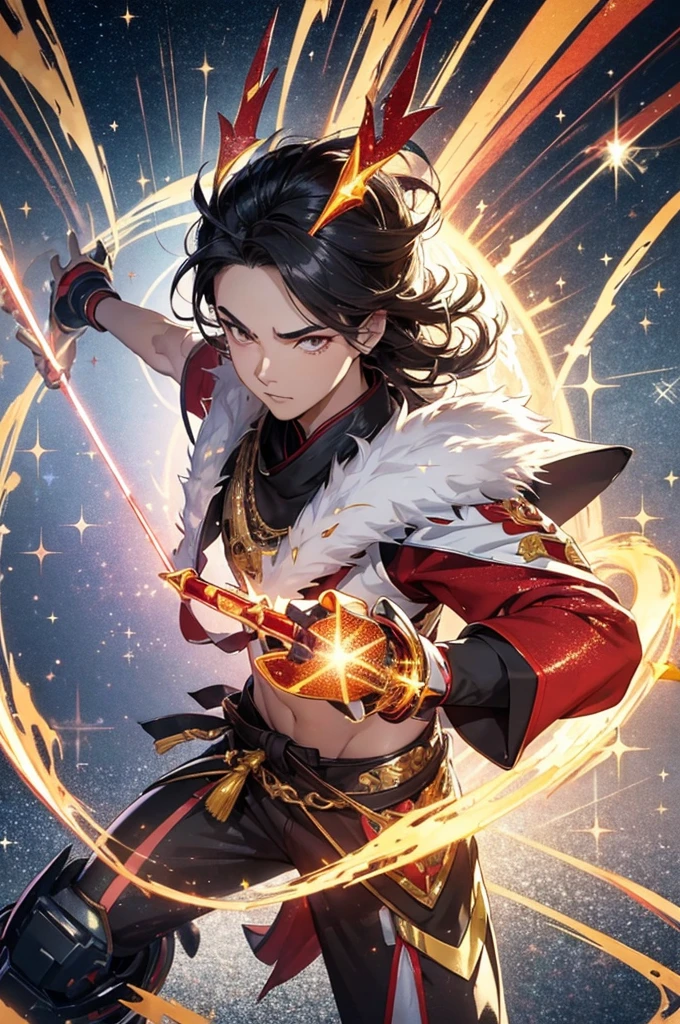 (masterpiece, best quality:1.1),
(ultra highres, ultra-detailed:1.2) ,handsome boy, detailed face,15yo,((Burning Roller Blades)),Black hair,Silver headgear,Red Doshi,chinese clothes,has a shining hula hoop and a blazing spear,yellow loin,large mecha-arm,anger,red aura,divine,beautiful effects,Alluring,Background:chinese Wulingyuan,dynamic pose,(fullbody),(Glitter:1.5) ,(sparkle:1.5) ,
