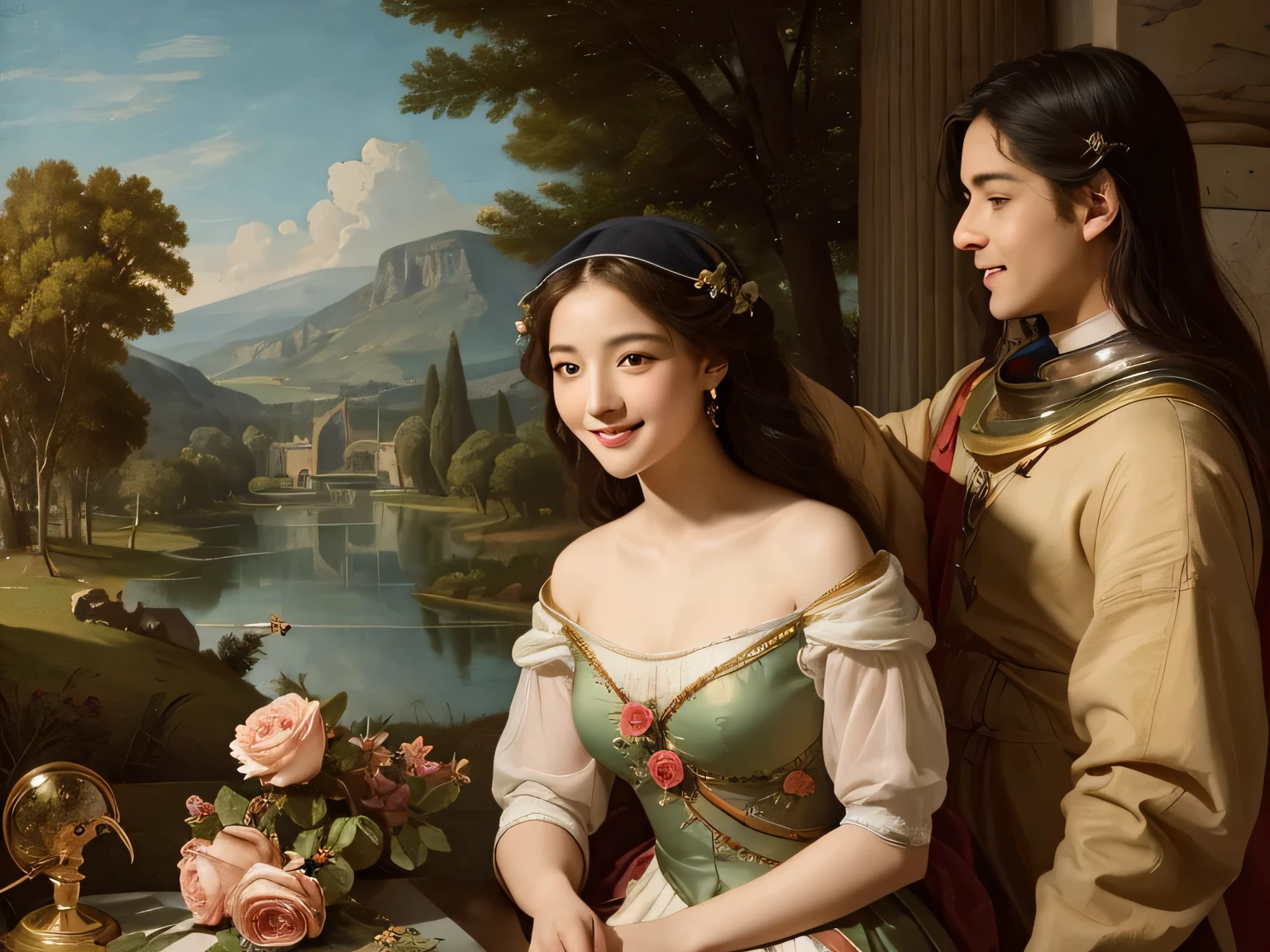Giorgione painting style,Arguments of two female Philosophe,math、astronomical machine、astronaut、roses in vase、fruits、Cute trinkets、smile、ancient greek costume、Background is a forest lake at night 、Clothes that stretch your shoulders、A big smile、beautiful bare skin、A detailed representation of the seducing woman throughout her body.