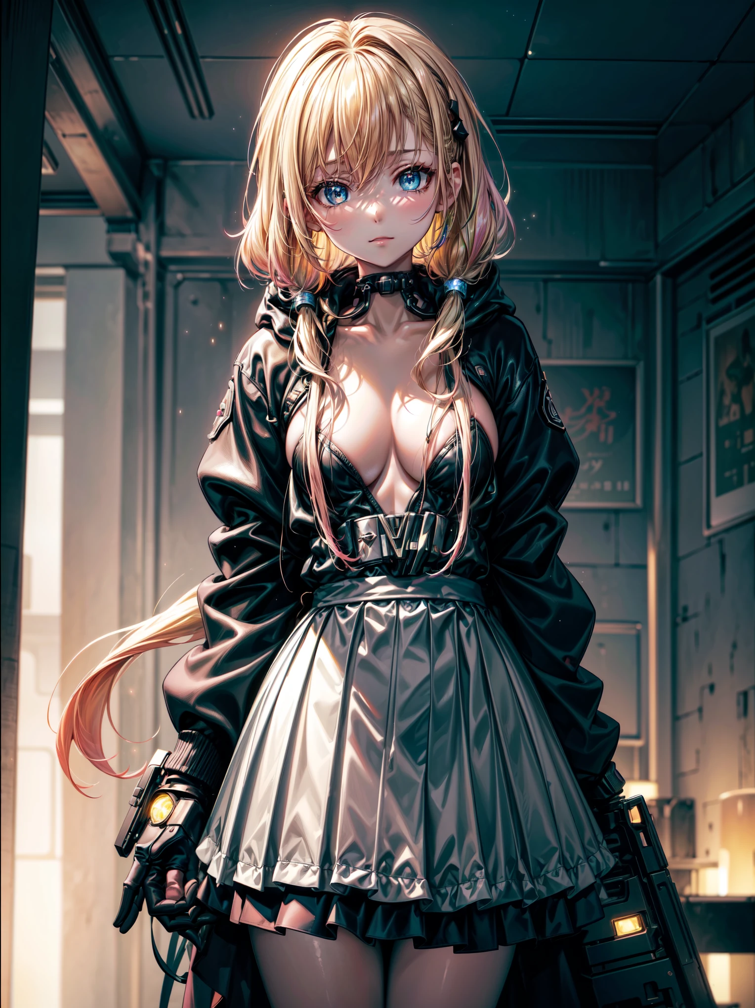 (​masterpiece),(top-quality:1.2),1girl in,(masuter piece:1.3),exquisitedetails, Highest quality 8K resolution, Ultra-detailed, Realistic, Vibrant colors, Soft tones, With warm and gentle lighting,  (Cyberpunk:1.3),Anime Face、extremely beautiful face and eyes,Naughty smile、sexy  pose,(blondehair:1.4) 、(Short low twin tail),(Pink Open Hoodie),(cleavage:1.2)、Blushing,deep in the night、You can see the sea in the distance、(starrysky)、iridescent lighting、Building Light、(Diamond Dust:1.3)、Superb view、a choker、small earring、(Black Plaided Pleated Skirt),IsometricFuture, Anime Style School, Isometric cutaway,  (Urban landscape of the near future), depth of fields, Full-HD,(Rim lighting:1.4), Vivid and sharp cinematic lighting, shadowy, chromatic abberation, Art by Art Germ, Greg Rutowski, Square Enix, unreal enginee 5, FXAA, IsometricFuture、Pink light、purple lights、(Yellow-green light:1.5)、(Cyber City)、(Near Future City:1.3) ,(short twin-tailed blonde hair:1.3),(Hair parted in the middle:1.3),(Dark blue eyes:1.3),White skin, hair clips,Warm golden glow,The artwork is a masterpiece,