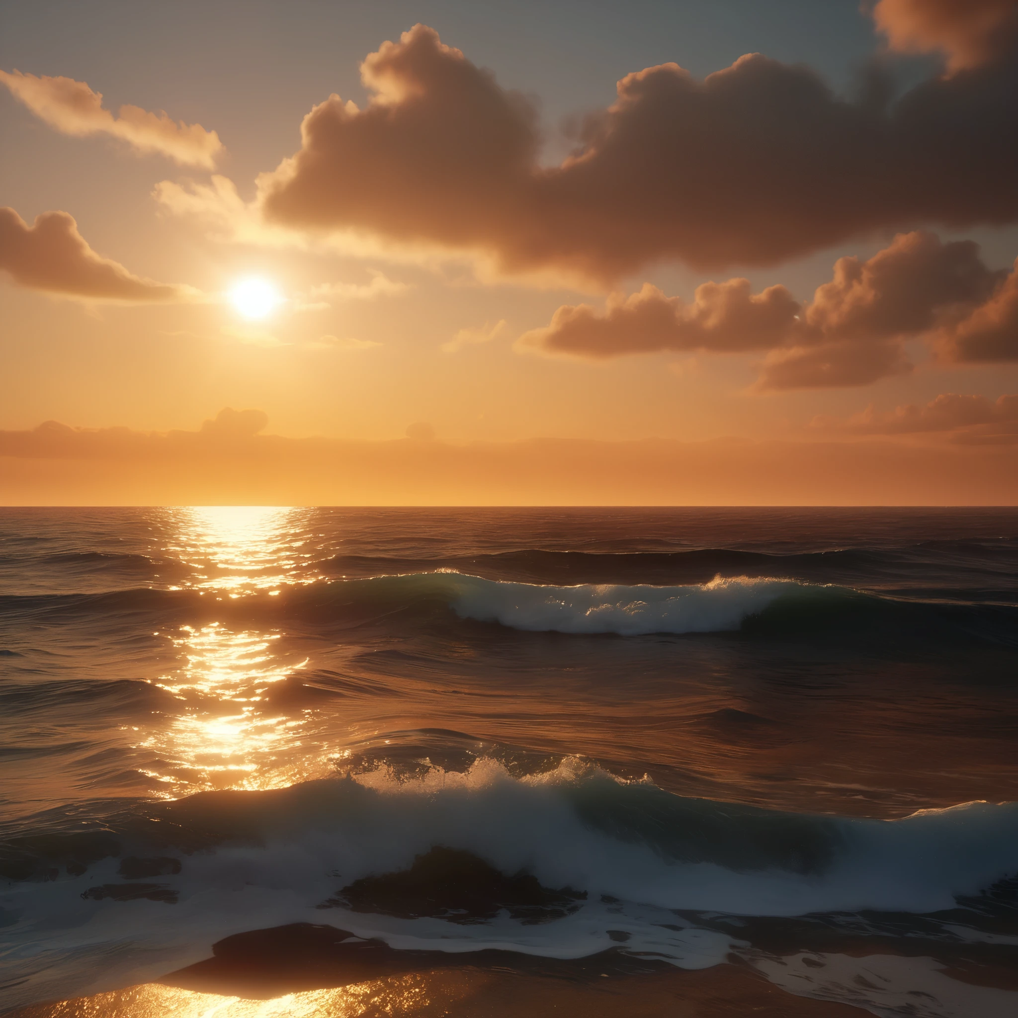 a vast amber ocean, amazing sunset sky, beautiful sun rays, golden waves, serene atmosphere, cinematic lighting, photorealistic, (best quality, 4k, 8k, highres, masterpiece:1.2), ultra-detailed, (realistic, photorealistic, photo-realistic:1.37), HDR, UHD, studio lighting, extremely detailed ocean and sky, dramatic color palette, warm tones, glowing horizon, tranquil seascape