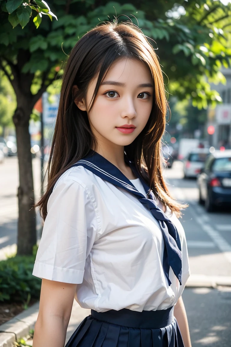 ((highest quality,8k,masterpiece:1.3)),Beautiful woman,One Girl,16 years old、(Her idol-like face is cute:1.3),thin :1.1,(White shirt、Sailor 、Navy blue pleated skirt:1.3), (whole body :1.2), Laughter,Small milk,Long Bob Hair ,Long Hair、prohibit、Highly detailed face,Highly detailed rip out wide open,fine grain,Attractive eyes,double eyelid, Sexy appearance、