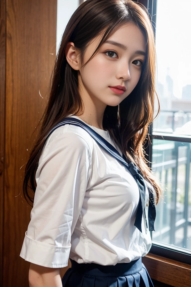 absurdres, RAW photo, extremely delicate and beautiful, masterpiece, Best Quality, ultra high resolution, 32k, hyperrealistic, ultra-detailed, perfect anatomy, super Detailed skin, perfect figure, Super Beauty, Perfect Style, Perfect balance, Beautiful Lighting, Perfect Lightning, Realistic Shadows, 20 years old, very Slim body, narrow waist, very small head, very small face, delicate facial features, handsome detailed woman, very detailed eyes and face, realistic face proportions, Realistic beautiful face, Realistic beautiful eyes, tearful mole, earring, very huge round breasts, legs, medium hair, asymmetrical hair, whole body shot, indoor, short skirt, ((school uniform)),