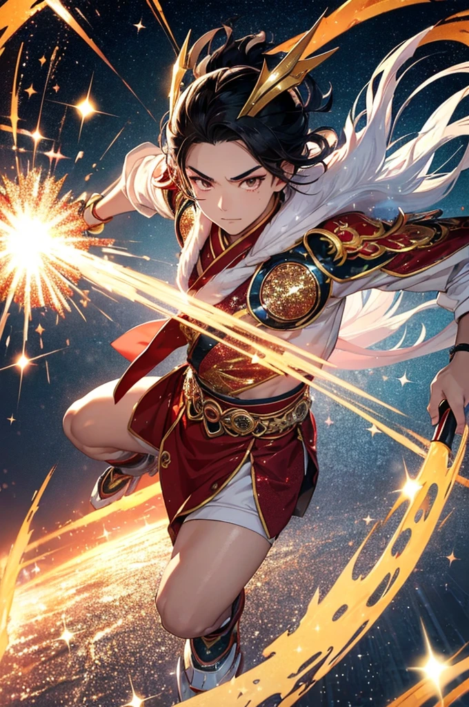 (masterpiece, best quality:1.1),
(ultra highres, ultra-detailed:1.2) ,(handsome boy), detailed face,15yo,((Burning Roller Blades)),Black hair,Silver headgear,Red Doshi,chinese clothes,has a shining hula hoop and a blazing spear,large mecha-arm,anger,red aura,divine,beautiful effects,Alluring,Background:chinese Wulingyuan,dynamic pose,(fullbody),(Glitter:1.5) ,(sparkle:1.5) ,