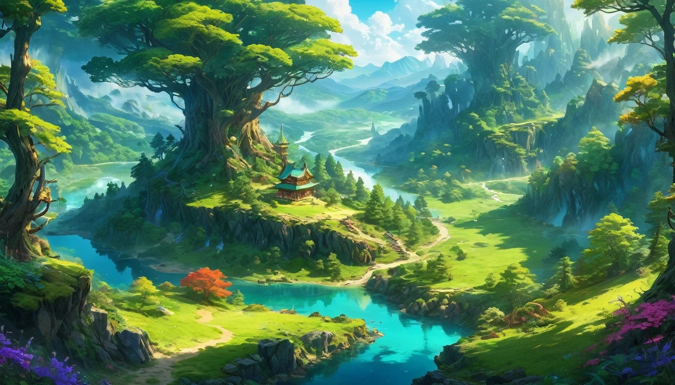 (anime, fantasy, landscape), (masterpiece, best quality, highres, HDR:1.2), satellite view, the undiscovered land, mystical creatures, enchanted forest, ethereal light, vibrant colors, fantastical landscapes
