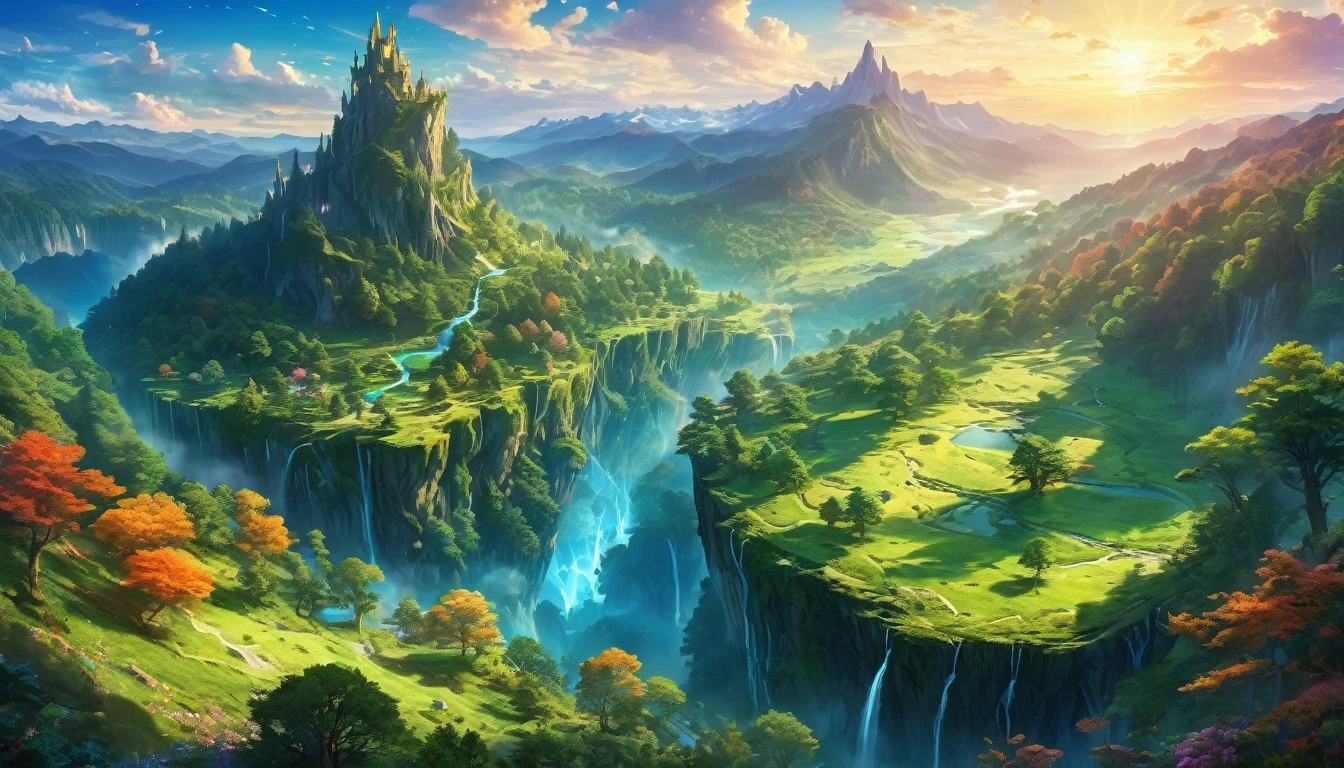 (anime, fantasy, landscape), (masterpiece, best quality, highres, HDR:1.2), satellite view, the undiscovered land, mystical creatures, enchanted forest, ethereal light, vibrant colors, fantastical landscapes