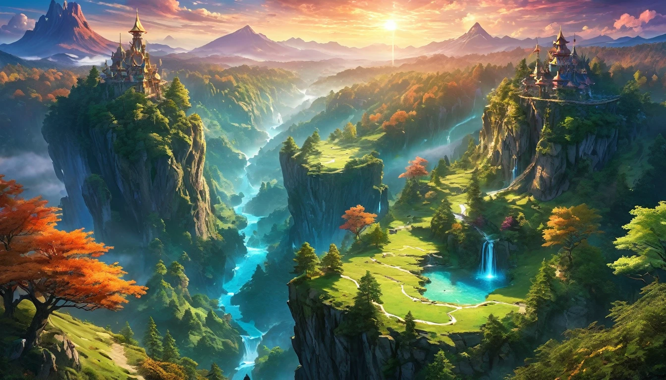(anime, fantasy, landscape), (masterpiece, best quality, highres, HDR:1.2), satellite view, the undiscovered land, mystical creatures, enchanted forest, ethereal light, vibrant colors, fantastical landscapes