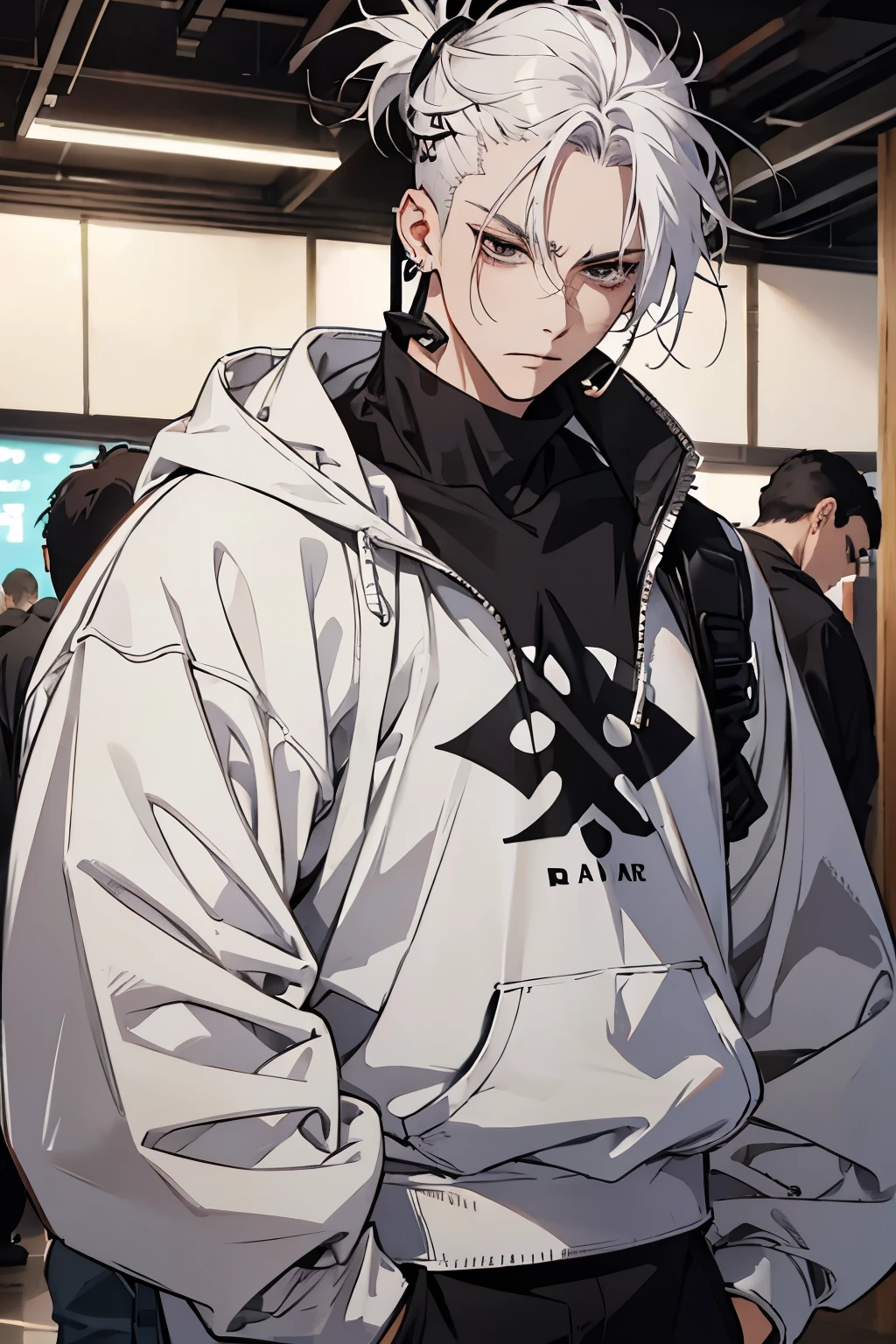 Anime man gradient young white hair low on shaved sides turns hair to the left side in the middle serious face with black earrings sweatshirt dark circles big black hair big brown hair extremely
