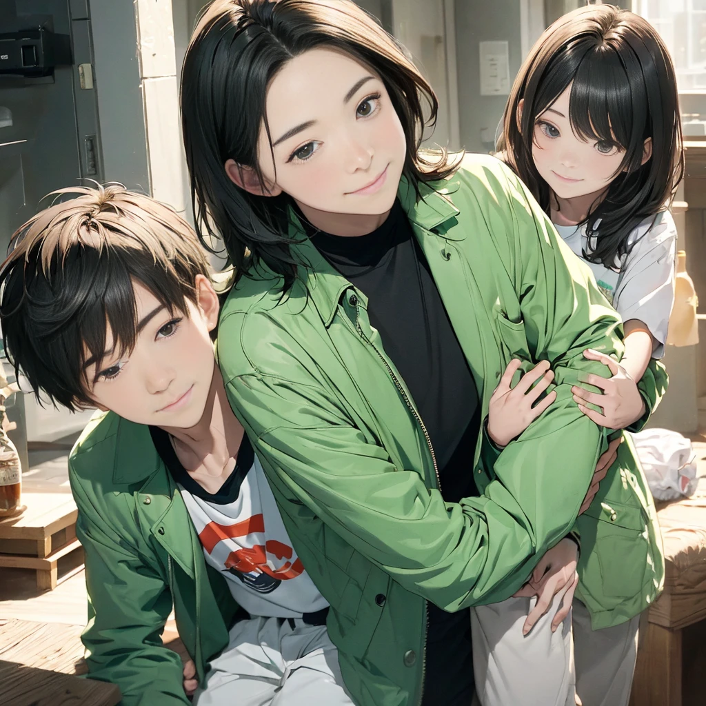 highest quality,masterpiece,超A high resolution,Perfect Anatomy,(Faithfulness:1.4),RAW Photos,smile,Children of short-haired boys,Woman with long hair and 2 year old boy with short hair,a woman and small boy, Mom and short-haired son,Gorgeous Mother And Smiley Boy,(Big tree々Parks with)(((Big treeの後ろに隠れている母)))、(hide and seek)Cowboy Shot,Cinema Lighting,Fashion model parents,Adorable,, (Browsing Caution:1.2)、(Black-haired baby looking for his mother)、(Long-haired mom and short-haired son)、(A mother in a light green jacket and her son in a flesh-colored jacket)