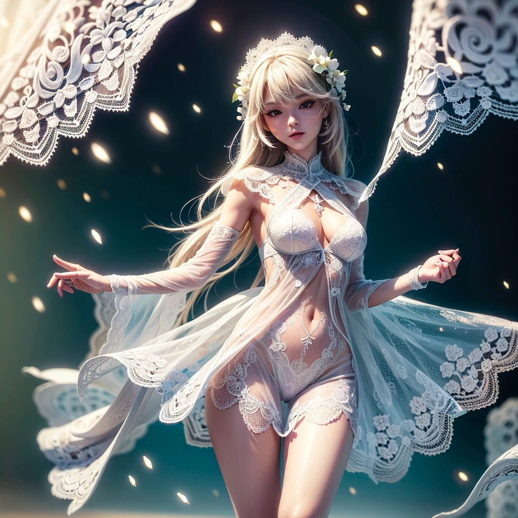 female\((made by beautiful delicate white lace:1.5),doll,anime style,,smile,very beautiful,very delicate,three-dimensional \), BREAK ,quality\(8k,wallpaper of extremely detailed CG unit, ​masterpiece,hight resolution,top-quality,top-quality real texture skin,hyper realisitic,increase the resolution,RAW photos,best qualtiy,highly detailed,the wallpaper,cinematic lighting,ray trace,golden ratio\),dynamic angle,macro photography