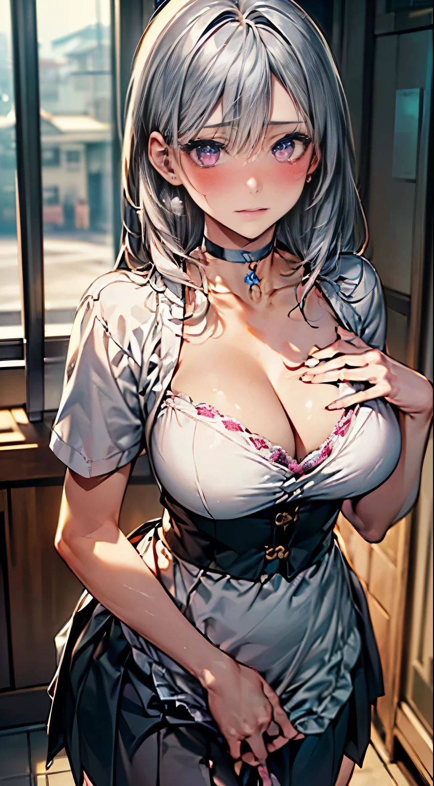 (masterpiece:1.2, highest quality), (Realistic, photoRealistic:1.4), Beautiful illustrations,
Looking at the audience, whole body, Front view:0.6,
1 female, 20-year-old, Japanese, ((Silver Hair:1.5, 髪をMy boss has itに束ねる:1.5)), (amount:1.6, Narrow waist)
Beautiful Hair, Beautiful Face, Beautiful and detailed, (Glowing purple eyes:1.3), Beautiful clavicle, Beautiful body, Beautiful breasts, Beautiful thighs, Beautiful legs, Beautiful fingers, Perfect Anatomy:1.3, Perfect Anatomy
(kitchen:1.3)
((Pastry chef costume:1.5, My boss has it:1.4, choker:1.6)),
((Grab the hem of your skirt with your right hand, Place your left hand on your chest,)),
(Looking at the viewer with a blushing face:1.3)
