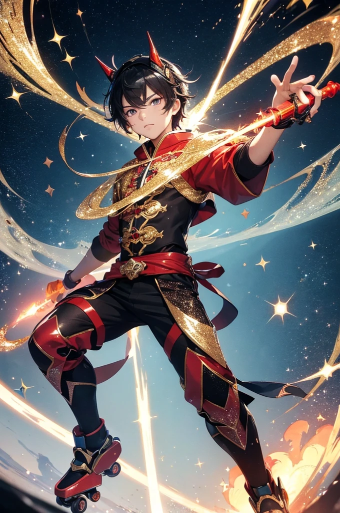 (masterpiece, best quality:1.1),
(ultra highres, ultra-detailed:1.2) ,(handsome boy), detailed face,15yo,((Burning Roller Blades)),Black hair,Silver headgear,Red Doshi,chinese clothes,has a shining hula hoop and a blazing spear,large mecha-arm,anger,red aura,divine,beautiful effects,Alluring,Background:chinese Wulingyuan,dynamic pose,(fullbody),(Glitter:1.5) ,(sparkle:1.5) ,