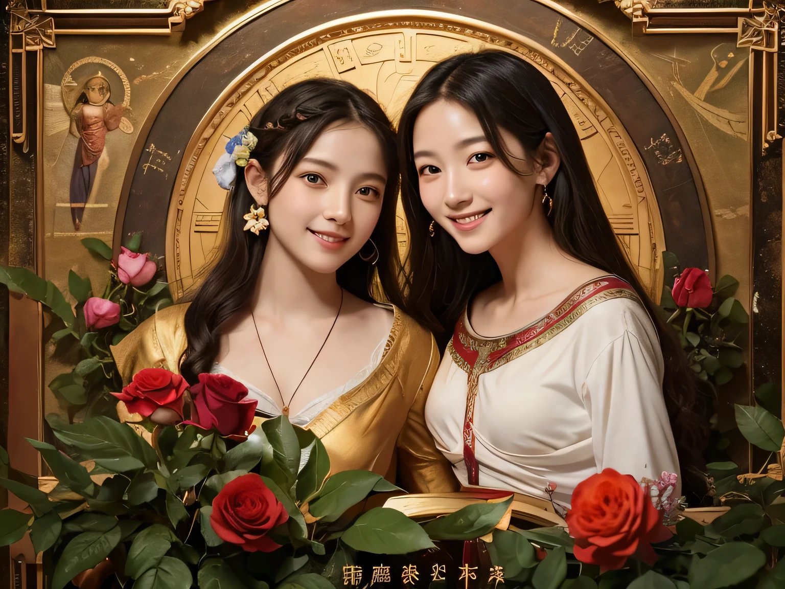Giorgione painting style,Arguments of two female Philosophe,math、astronomical machine、astronaut、roses in vase、fruits、Cute trinkets、smile、ancient greek costume、Background is a forest lake at night 、Clothes that stretch your shoulders、A big smile、beautiful bare skin、A detailed representation of the seducing woman throughout her body.
