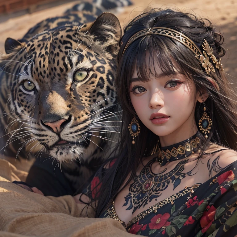 Hiding in the desert、Hair flow、 ((highest quality、masterpiece、8k、Best image quality、Ultra-high resolution、Award-winning works)、(Accurate anatomy:1.1)、(Look at me and smile:1.1)、Shining fair skin with Ultra-high resolution、The most detailed face、Ultra-high resolution detailed face、Ultra-high resolution hair、(Ultra-high resolutionのeyes :1.1)、Beautiful face drawn in every detail、(Blurred Background:1.1)、Ancient Islamic clothing, Chest to chest, tattoo, Old ruins in the background、Black leopard 
