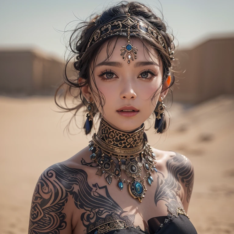 Hiding in the desert、Hair flow、 ((highest quality、masterpiece、8k、Best image quality、Ultra-high resolution、Award-winning works)、(Accurate ???????:1.1)、(Look at me and smile:1.1)、Shining fair skin with Ultra-high resolution、The most detailed face、Ultra-high resolution detailed face、Ultra-high resolution hair、(Ultra-high resolutionのeyes :1.1)、Beautiful face drawn in every detail、(Blurred Background:1.1)、Ancient Islamic clothing, Chest to chest, tattoo, Old ruins in the background、Black leopard 