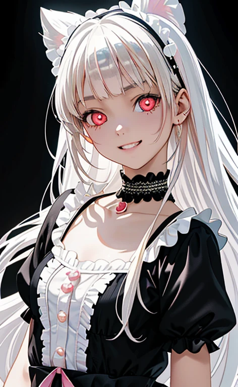 (Photorealistic:1.4)、asuna,(masterpiece、lens flare:1.5、spot light:1.2、Exquisite beautiful eyeonochrome:1.5,portlate、)(little devil),()
、Cute Face、 3D Face、(pearl white hair:1.5)、(two side up:1.3),(1 Girl)、(Red eyes:1.2)、(upper body)、(evil grin:1.3)、(head tilt) ,(Cute face:1.2),(flat chest),(),kind face,(white　lace frilled gothic lolita),(black background:1.5)、(glowing eyes:1.3)、()、 Neat and clean、Adorable、Slim Body(Tareme:1.5),Shiny Hair、(Glowing pink Skin)、Nijisketch,Manga,zydG