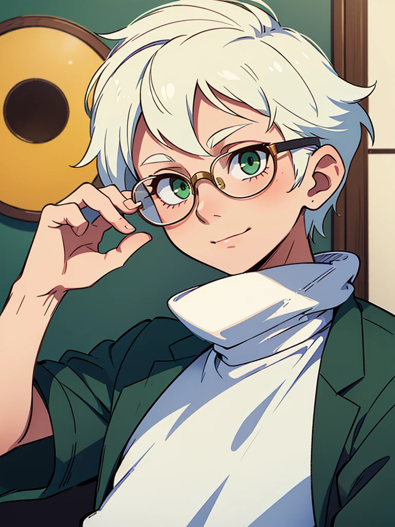 ((Masterpiece, Highest Quality)), Detailed Face, 1boy, young boy, white sweater, green eyes, (((Top Quality))), Short hair, Shaved whiskey,Spits, white colored hair, Stylish glasses, soft smile
