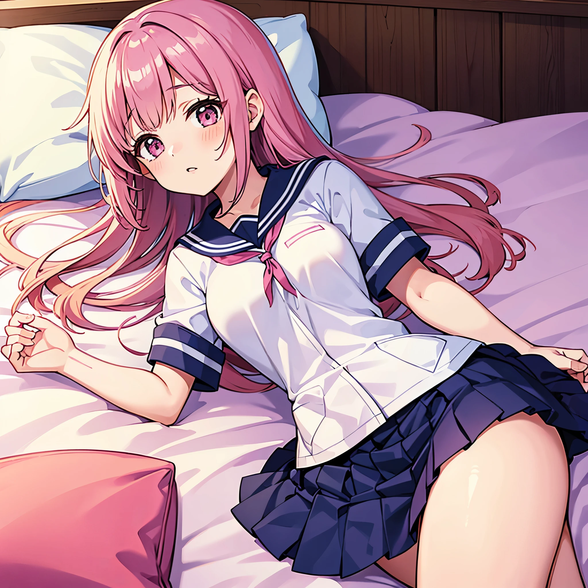 A pink-haired high school girl in a sailor uniform who is feeling unwell is lying alone on a bed in the nurse's office.