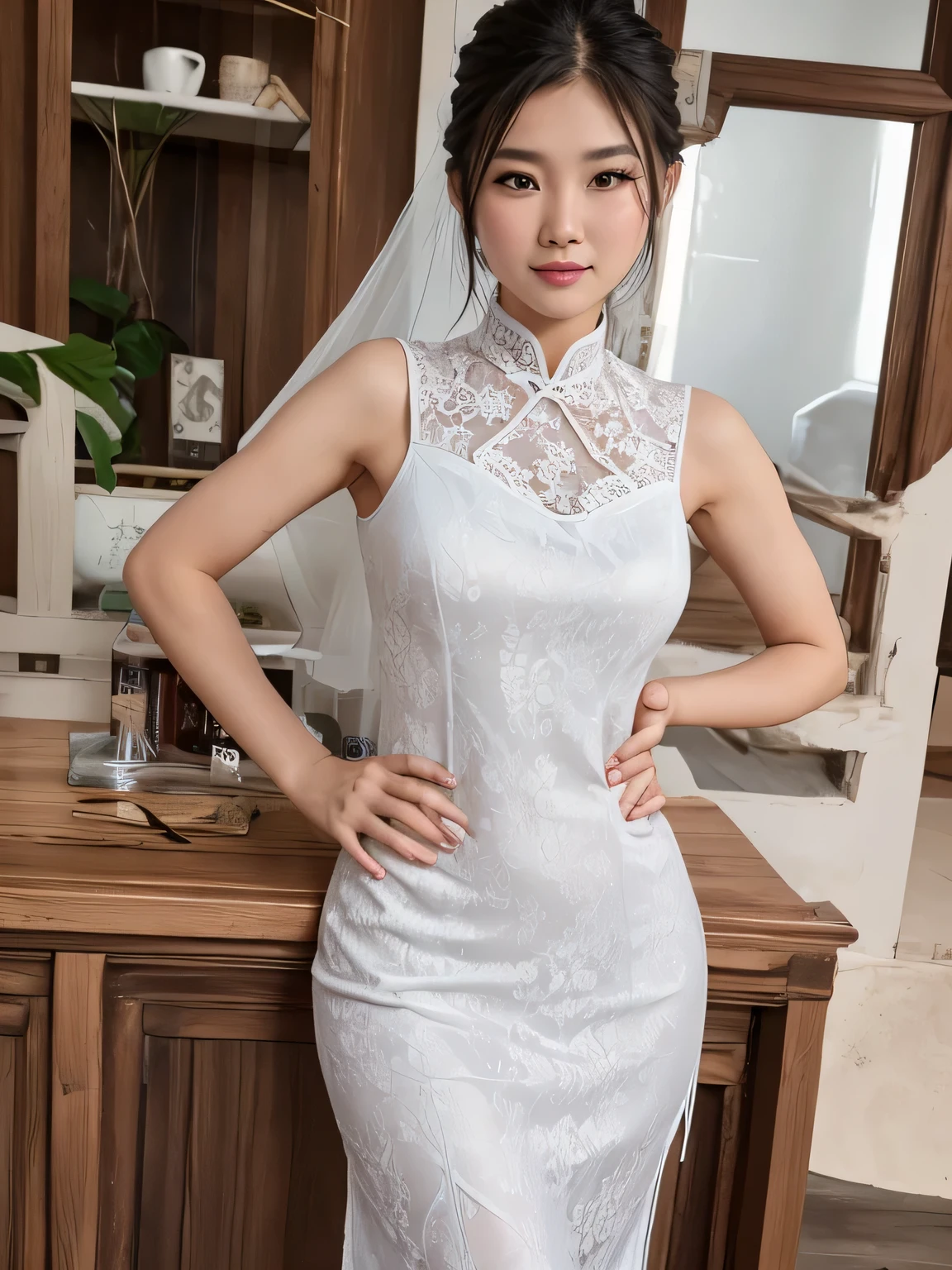 Maxi length white lace cheongsam