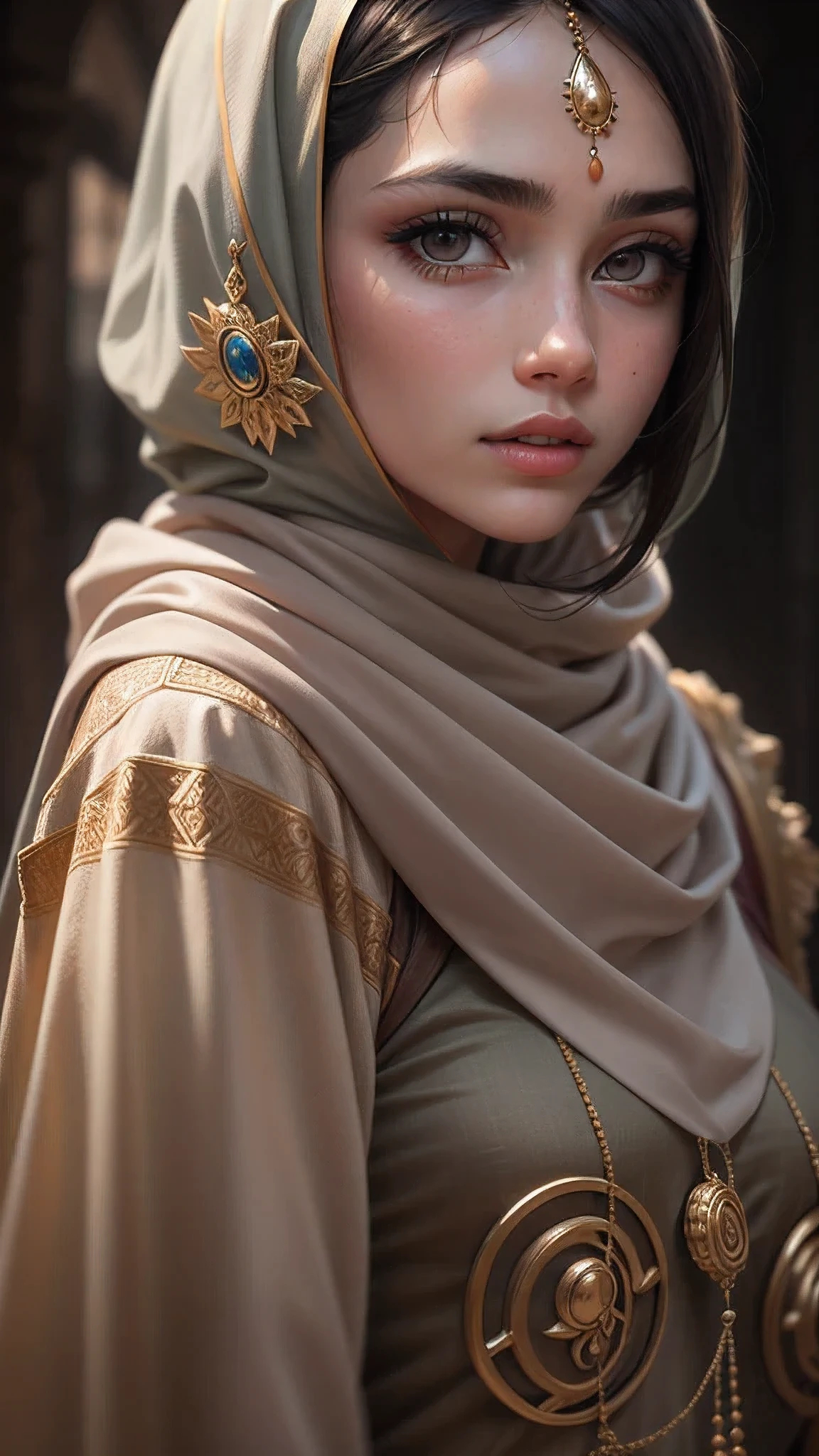 modelshoot style, (extremely detailed CG unity 8k wallpaper), beautiful arabic woman, full shot body photo of the most beautiful artwork in the world, (arabic princess:1.4), beautiful arabic woman, delicate silk clothes, arabian silk Hijab, magic, an arabic village with persian details in the background, hdr, photorealistic paint Sharp focus, dramatic, arabic girl, long higab, long dress, natural beauty, brown eyes