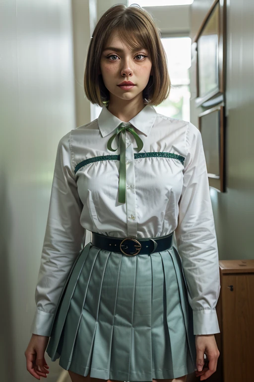 (ultra detailed, CG, unit, 8k quality photo), (masterpiece), (realistic), (photorealistic: 1.2), (raw photo: 1.2), (best quality: 1.2), (detailed face: 1.4), (beautiful detailed eyes: 1.2), (detailed hair), light on the face, huge file size, cinematic lighting, 1 woman, short hair, bangs, blonde hair, (green eyes: 1.5), headband, a side up, bob cut, perfect body, BREAK (shirt, long sleeves, dress, ribbon, white shirt, collared shirt, belt, neck ribbon, red dress, blue ribbon, pleated dress, gray dress, two-tone dress, belt red, lycoris uniform: 1.1)