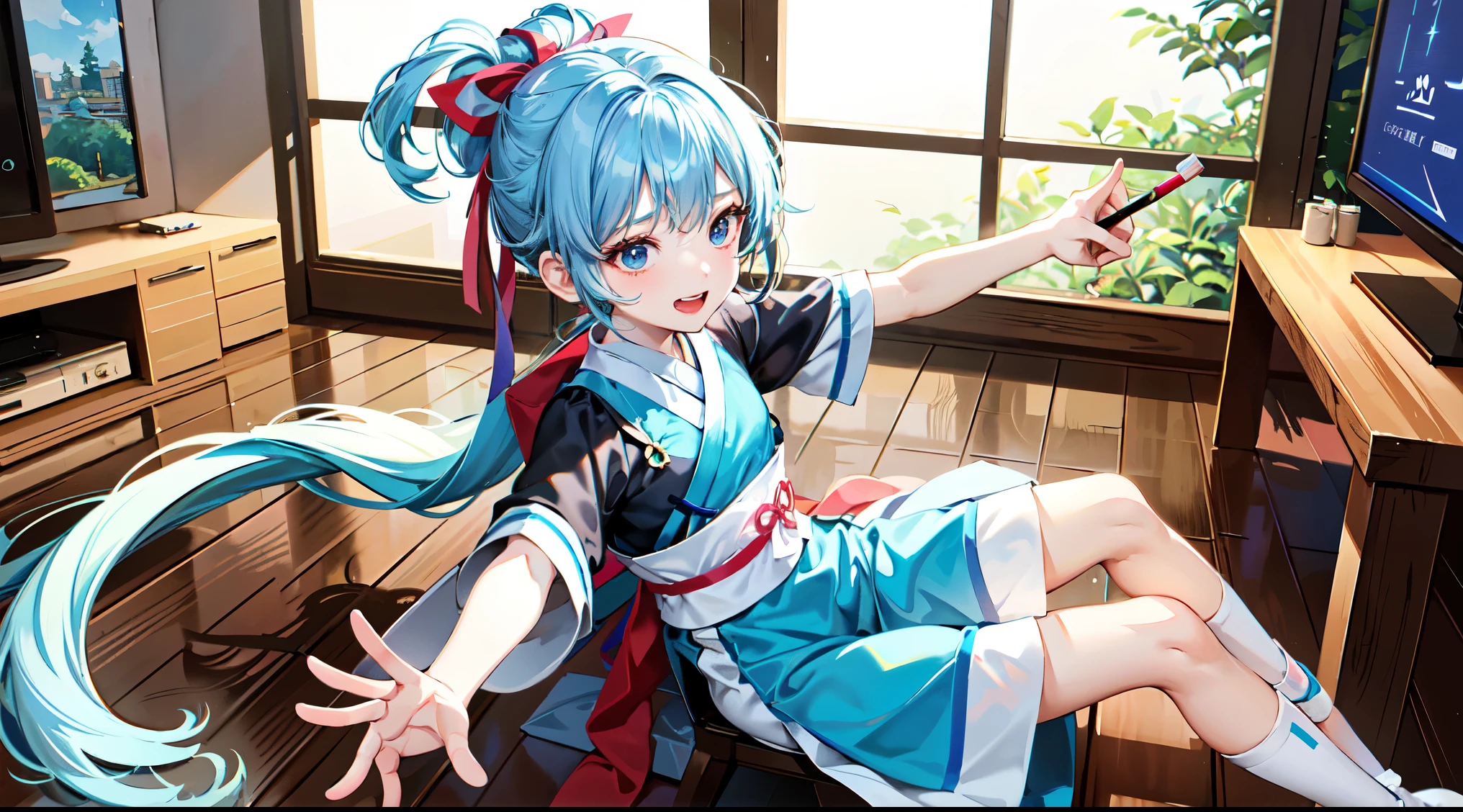 Various exaggerated movements of the girl wearing blue Hanfu,【sleep、Have a meal、Attend class、Do homework、play games、bath、Playing Ball、jump rope、watch TV、brush teeth,wait。】The illustrations are also in the line art and watercolor children's illustration style.,Sticker Art,White background。