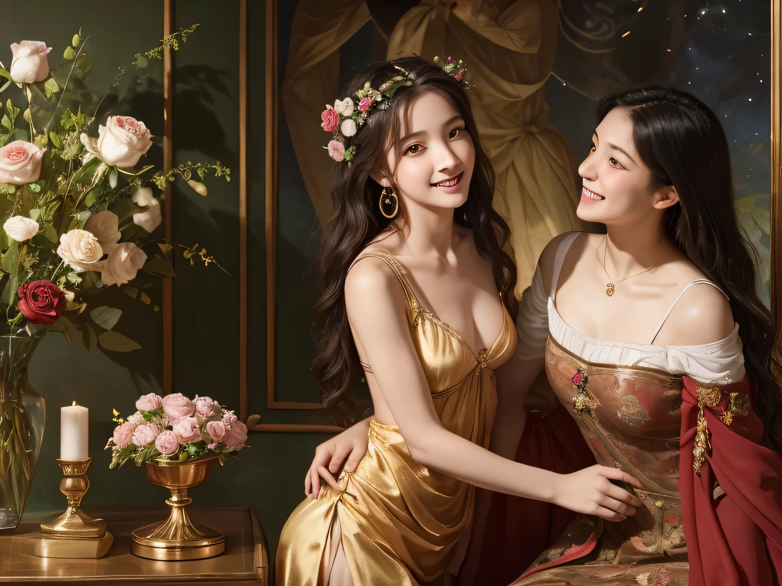 Giorgione painting style,Arguments of two female Philosophe,math、astronomical machine、astronaut、roses in vase、fruits、Cute trinkets、smile、ancient greek costume、Background is a forest lake at night 、Clothes that stretch your shoulders、A big smile、beautiful bare skin、A detailed representation of the seducing woman throughout her body.