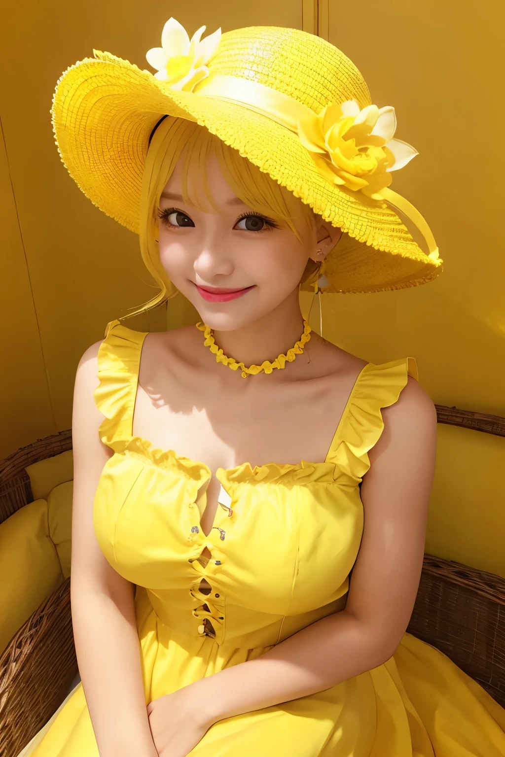 Yellow Background、Yellow Flower、Yellow Dress、Yellow hat hair accessory、Cherish the color yellow、Cute Girlfriend、smile、Well-formed face、A girl who looks good in yellow、Yellow Hair、Yellow all over、Fantasy、Big Breasts、Yellow decoration、Yellow decoration、Yellow Wall、