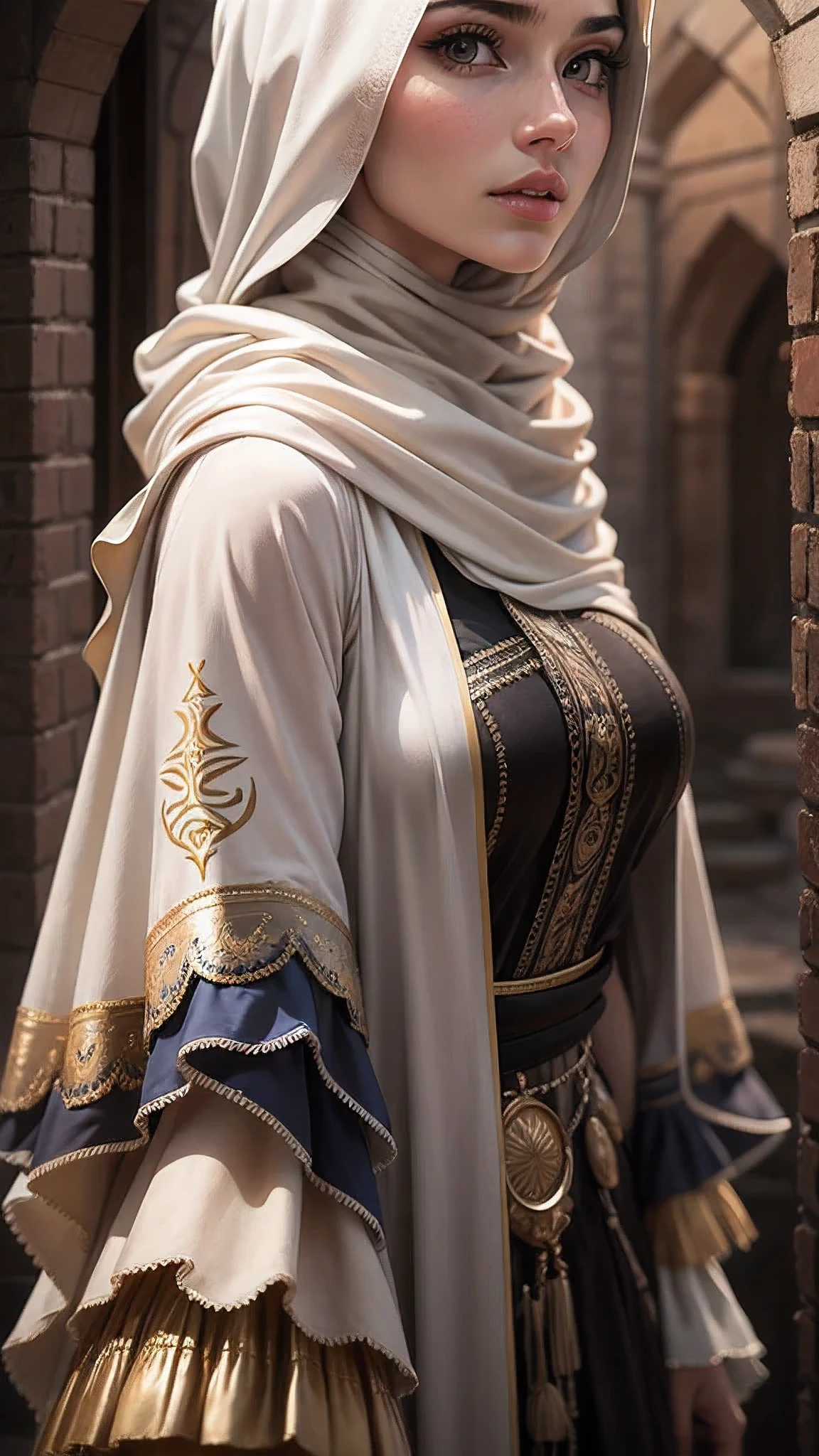 modelshoot style, (extremely detailed CG unity 8k wallpaper), full shot body photo of the most beautiful artwork in the world, (arabic princess:1.4), delicate silk clothes, arabian silk Hijab, magic, an arabic village with persian details in the background, hdr, photorealistic paint Sharp focus, dramatic, arabic girl, long higab, long dress, natural beauty, brown eyes