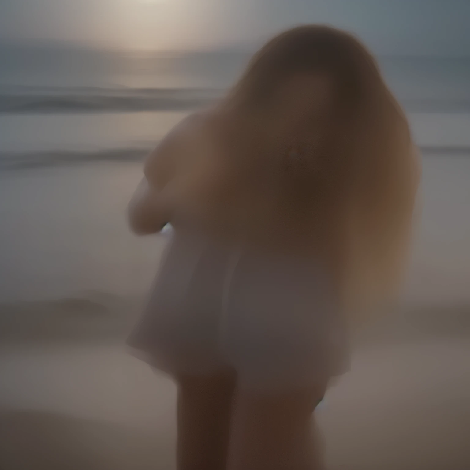 Create a hyper realistic image of a "noche de Luz de Luna" en la playa. La escena debe mostrar "olas chocantes" contra la orilla, creating an atmosphere of "dramatic lighting". En la imagen, deben aparecer "siluetas" destacadas en contraste con la luz de la luna. La "arena brillante" will reflect the light, contribuyendo a un "ambiente tranquilo y relajante". En el centro de la imagen, coloca a un "chico adolescente de espaldas", con una postura que transmita "tristeza". La imagen debe capturar la esencia de una noche serena y emocional en la playa, con todos los elementos descritos claramente visibles.