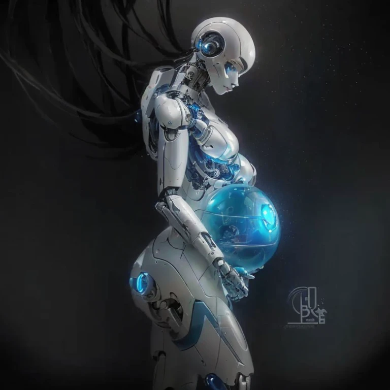 a drawing of a woman in a futuristic suit holding a blue ball, pregnant female cyborg, cyborg - girl, humanoid woman, cute cyborg girl, cyborg girl, cybernetic body, beutiful girl cyborg, cyborg woman, biblical female android, scifi art, anime robotic mixed with organic, scifi woman, beutiful white girl cyborg, sci - fi art!!!!!!!