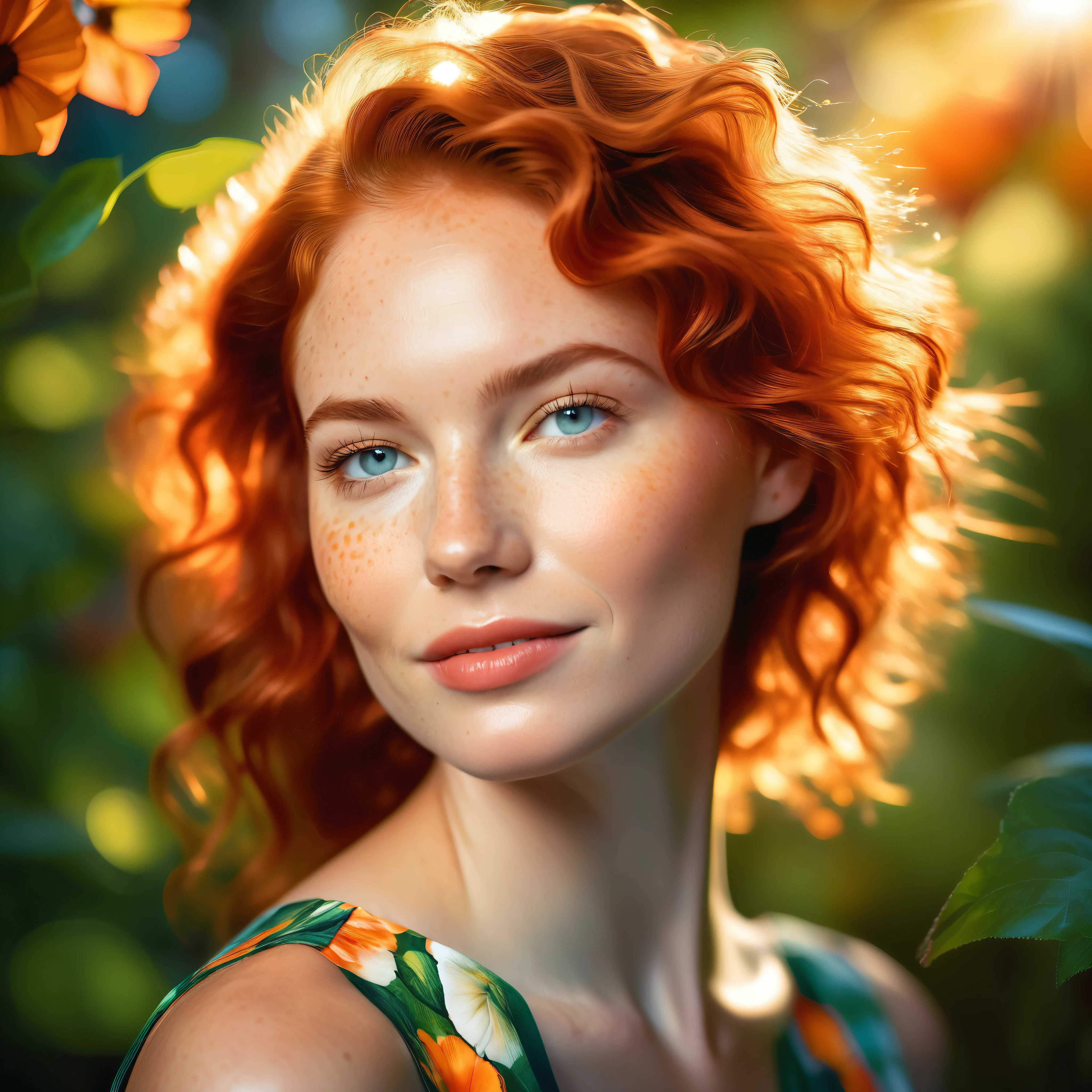 epic (masterpiece portrait:1.2) A woman in Montreal at dawn with cute orange curly hair, a warm smile, vibrant green eyes, and delicate freckles. She is adorned in a beautiful floral print dress that complements the scenic backdrop. The soft light of dawn casts a magical glow over the landscape, creating an ethereal atmosphere. Neon lights from the city illuminate the surroundings, adding a touch of vibrancy and excitement. Rays of light pierce through the foliage, creating captivating caustic patterns on the woman's skin. A subtle lens reflection adds a touch of intrigue and depth to the portrait. The artwork by Ishmael Limbus captures the beauty and tranquility of this moment, inviting viewers to immerse themselves in the serene charm of Montreal at dawn. Ultra Professional PhotoRealistic ((ultra UnrealEngine5 epic tmasterpiece, ultra high-quality, ultra high-details, ultra sharp-focus, ultra high-resolution, 256K XT3 128K, ultra high-definition, vibrant DSLR vivid colorful lighting, cinematic_sunlight, saturate)), varies multi etc. --v 6 --s 1000 --c 20 --q 5 --chaos 100