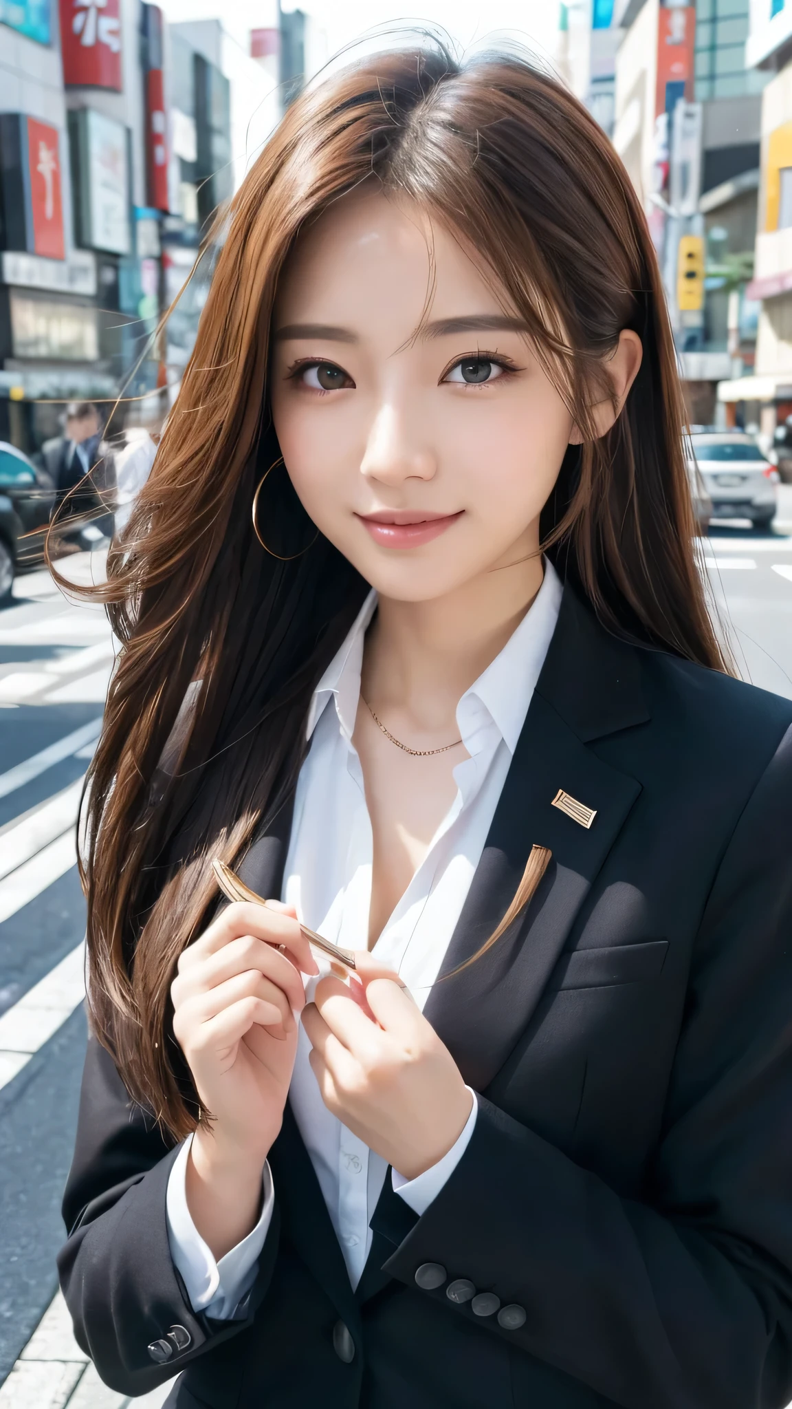 table top、highest quality、genuine、Super detailed、finely、High resolution、8k wallpaper、one beautiful woman、、、light brown disheveled hair、wearing a business suit、sharp focus、perfect dynamic composition、beautiful and detailed eyes、thin hair、Detailed genuine skin texture、smile、model body shape、In Tokyo at morning、Brush your hair up with your fingers.