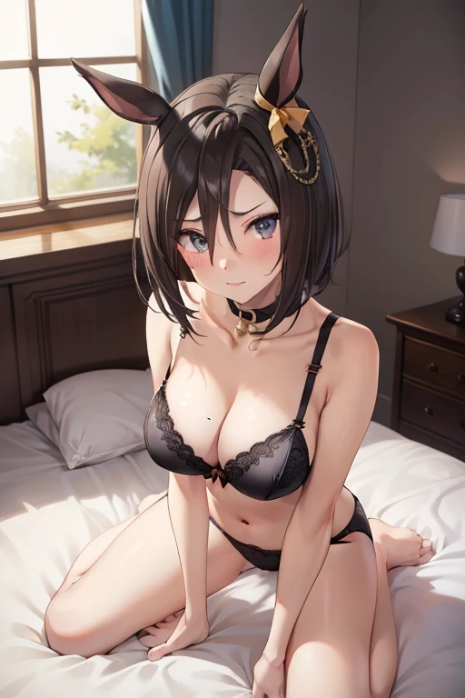 top-quality、Bedroom、Girl in underwear lying on bed、air groove \(umamusume\)、 Sexy bra in black Lace pantie、Sex Pre、Full body、Shyness large full breasts Chest Emphasis Pose cute little whiteshirt