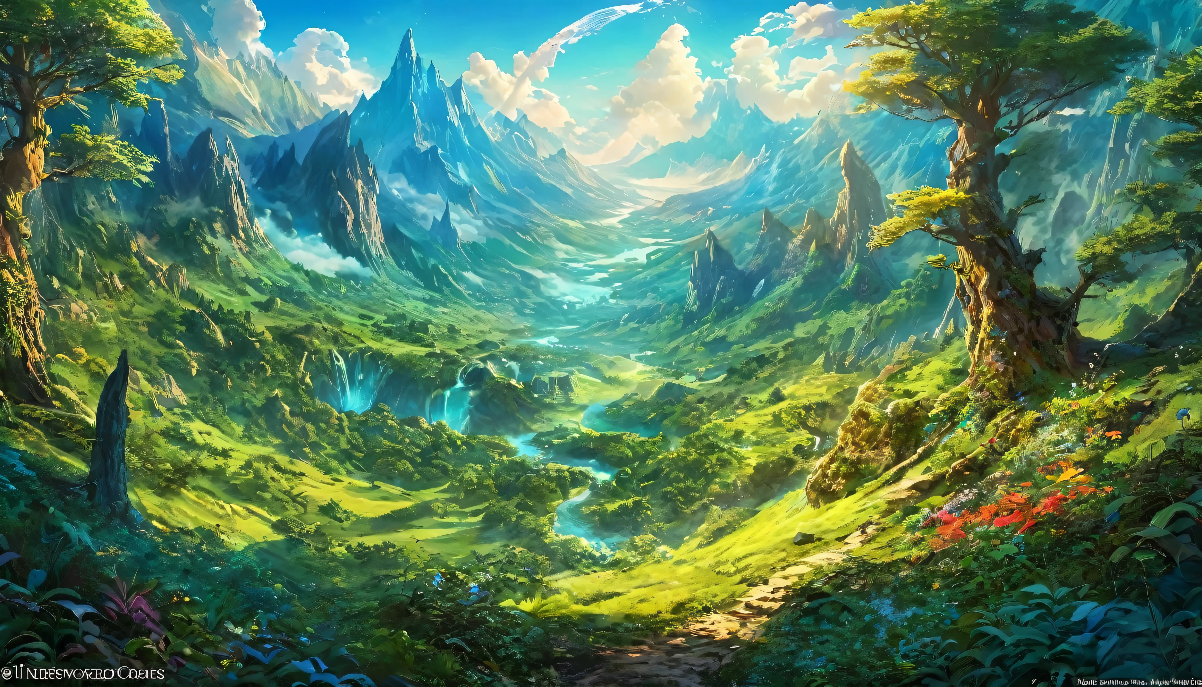 (anime, fantasy, landscape), (masterpiece, best quality, highres, HDR:1.2), satellite view, the undiscovered land, mystical creatures, enchanted forest, ethereal light, vibrant colors, fantastical landscapes