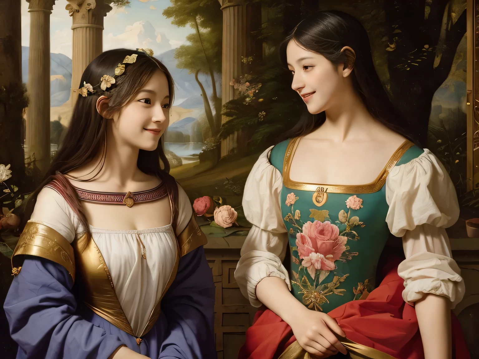 Giorgione painting style,Arguments of two female Philosophe,math、astronomical machine、astronaut、roses in vase、fruits、Cute trinkets、smile、ancient greek costume、Background is a forest lake at night 、Clothes that stretch your shoulders、A big smile、beautiful bare skin、A detailed representation of the seducing woman throughout her body.