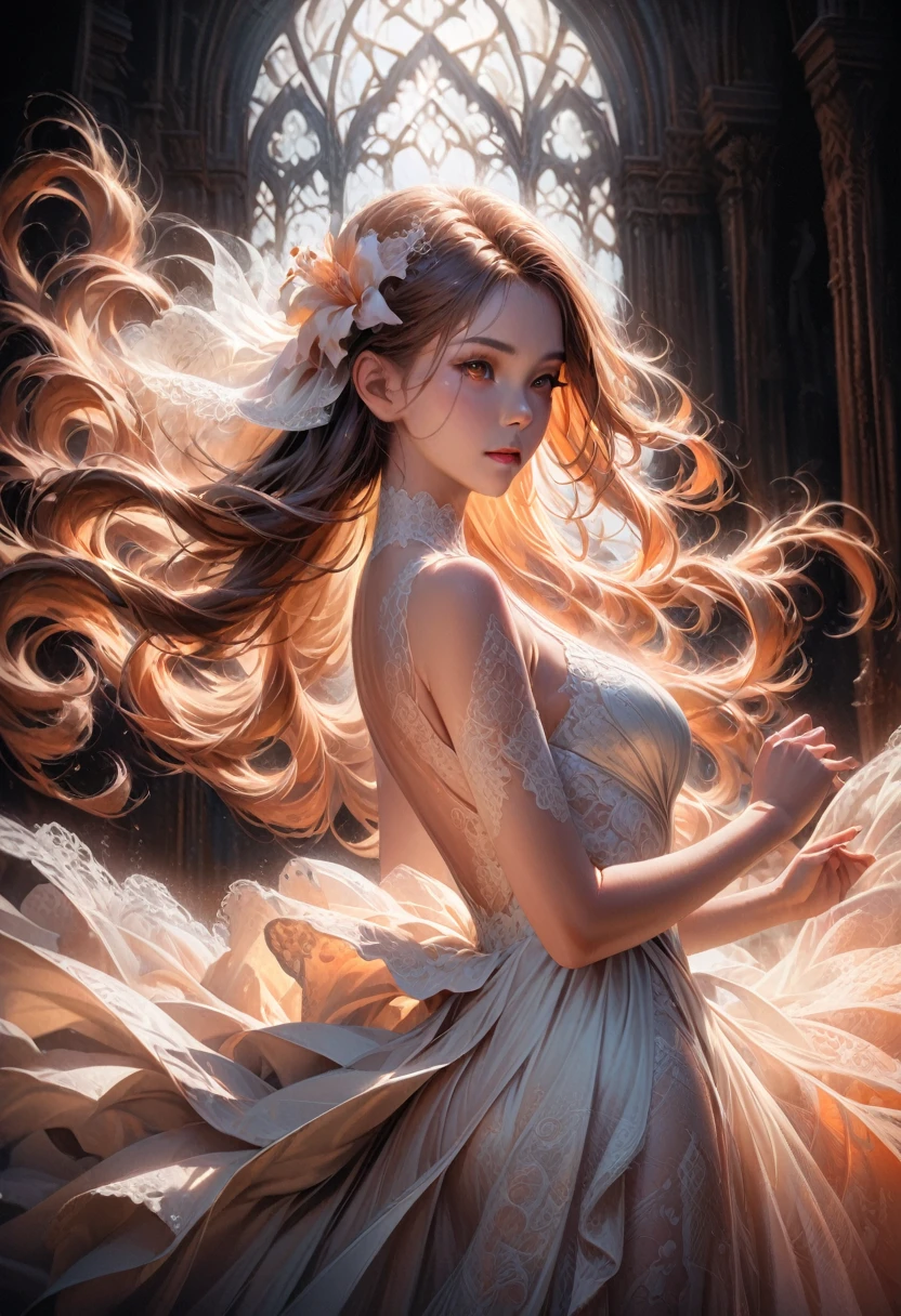 White Lace, beautiful white lace dress, elegant lady, long hair, soft lighting, graceful pose, detailed flowers, intricate lace patterns, sheer fabric, glowing skin, serene expression, ethereal atmosphere, delicate details, high quality, digital art, photorealistic, cinematic lighting, warm color palette, dramatic shadows, stunning beauty