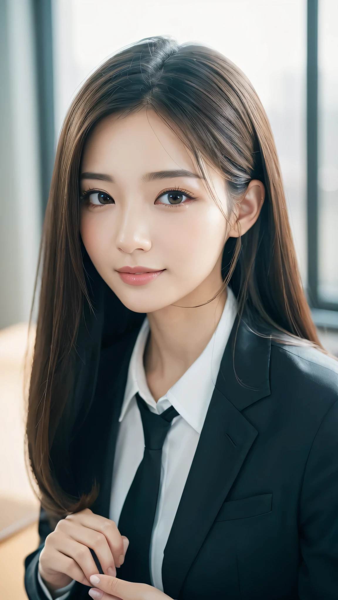 table top、highest quality、genuine、Super detailed、finely、High resolution、8k wallpaper、one beautiful woman、、、light brown disheveled hair、wearing a business suit、sharp focus、perfect dynamic composition、beautiful and detailed eyes、thin hair、Detailed genuine skin texture、smile、model body shape、In Tokyo at morning、Brush your hair up with your fingers.