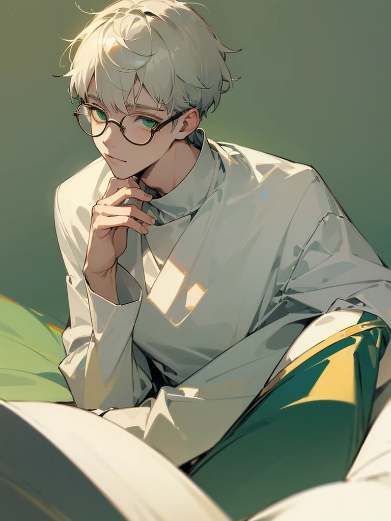 ((Masterpiece, Highest Quality)), Detailed Face, 1boy, young boy, white sweater, green eyes, (((Top Quality))), Short hair, white colored hair, Stylish glasses, soft smile ,very beautiful boy ,gentle young man