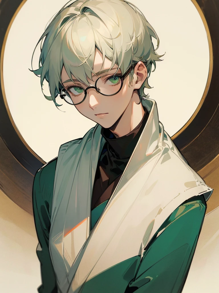 ((Masterpiece, Highest Quality)), Detailed Face, 1boy, young boy, white sweater, green eyes, (((Top Quality))), Short hair, white colored hair, Stylish glasses, soft smile ,very beautiful boy ,gentle young man