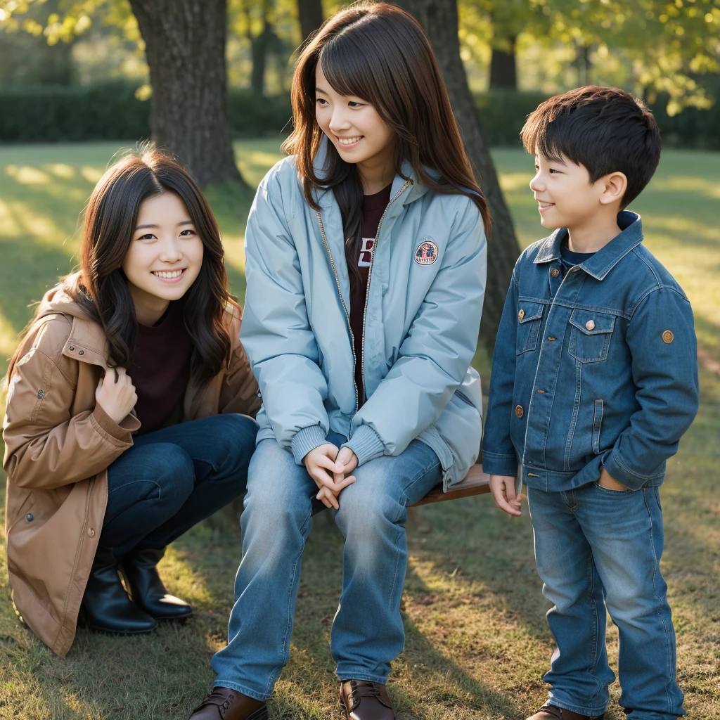 highest quality,masterpiece,超A high resolution,Perfect Anatomy,(Faithfulness:1.4),RAW Photos,smile,Children of short-haired boys,Woman with long hair and 2 year old boy with short hair,a woman and small boy, Mom and short-haired son,Gorgeous Mother And Smiley Boy,(Big tree々Parks with)(((Big treeの後ろに隠れている母)))、(hide and seek)Cowboy Shot,Cinema Lighting,Fashion model parents,Adorable,, (Browsing Caution:1.2)、(Black-haired baby looking for his mother)、(Long-haired mom and short-haired son)、(A mother wearing a reddish-brown jacket and her son wearing a light blue jacket)