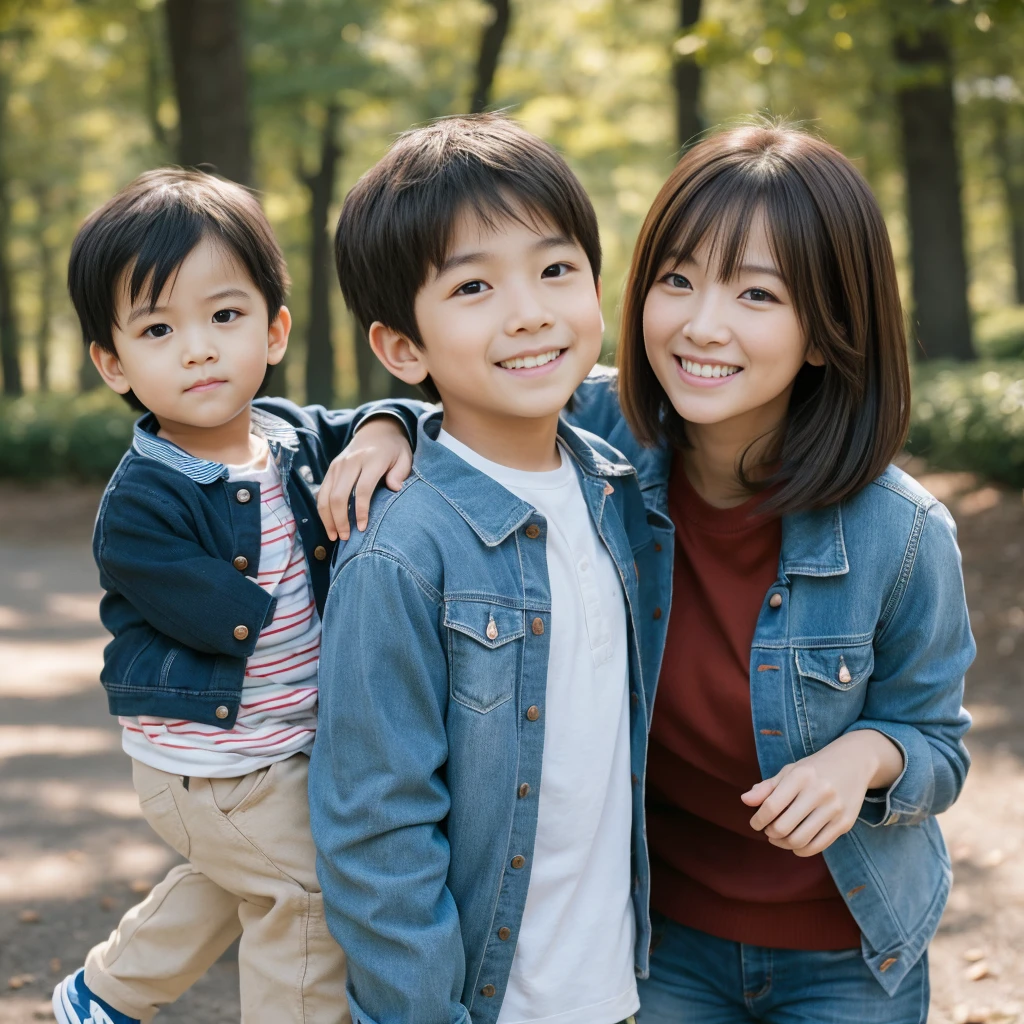 highest quality，masterpiece，超A high resolution，Perfect Anatomy,（Faithfulness：1.4），RAW Photos，smile，Children of short-haired boys，Woman with long hair and 2 year old boy with short hair，a woman and small boy, Mom and short-haired son,Gorgeous Mother And Smiley Boy,（Big tree々Parks with）(((Big treeの後ろに隠れている母)))、(hide and seek）Cowboy Shot,Cinema Lighting，Fashion model parents，Adorable，, (Browsing Caution:1.2)、(Black-haired baby looking for his mother)、(Long-haired mom and short-haired son)、（A mother wearing a reddish-brown jacket and her son wearing a light blue jacket）

