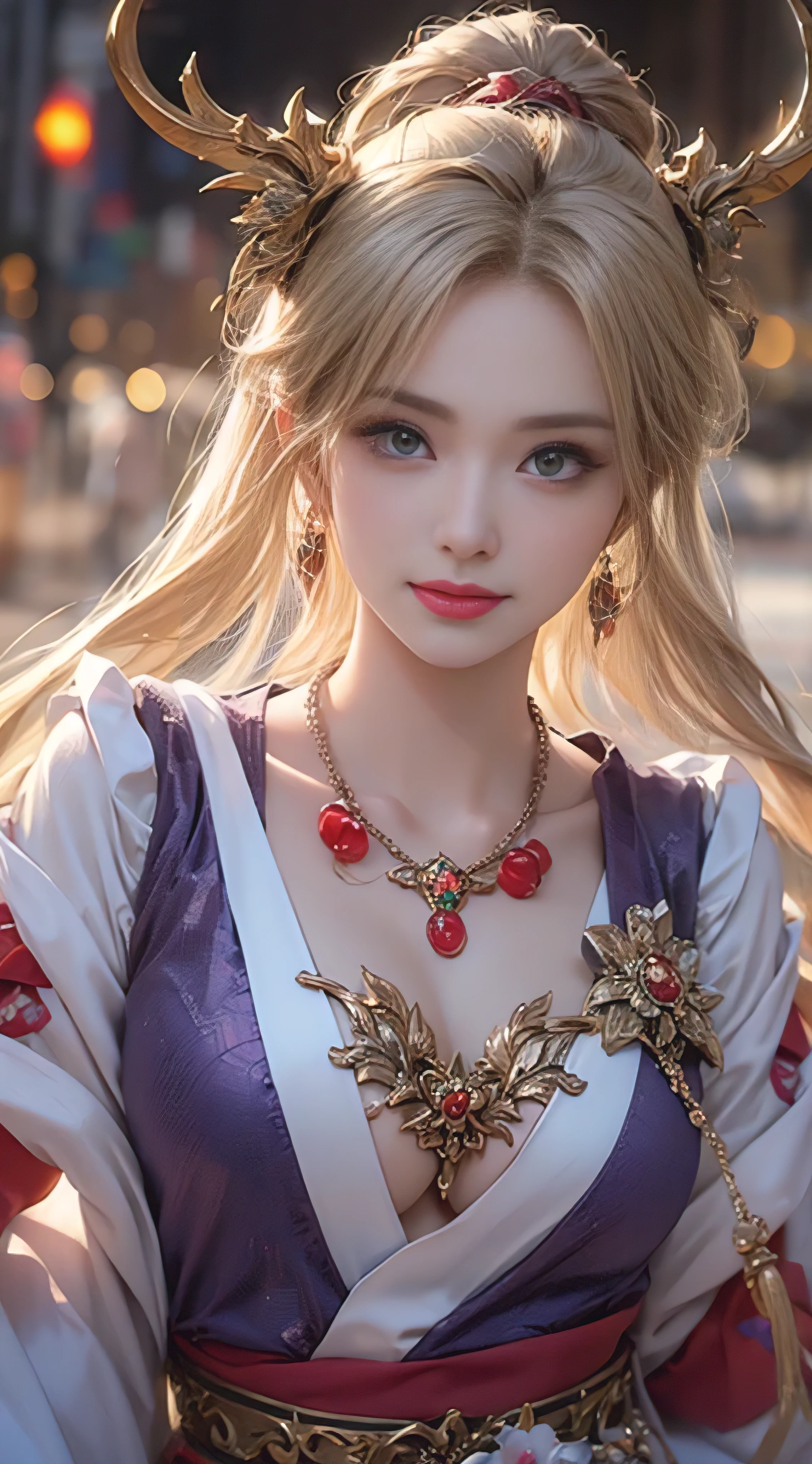 1 Beautiful girl in Hanfu, (Rich white and purple silk shirt), White lace top, Purple platinum ponytail long hair, Jewelry, earring, Necklaces and necklaces, Carefully drawn large purple eyes, Be careful with your makeup, Thin eyebrows, high nose, Beautiful red lips, No smile, Pursed lips, Red face, Broad chest, Large Breasts, Chest proportion, Slim waist, Purple fishnet socks, Chinese Hanfu style, Fictional art texture, Bright and lifelike colors, RAW photos, Realistic photos, Ultra-high quality 8K hyper-realistic photos, (Effective fantasy lighting effects: 1.8), 10x pixel, magical effect (background): 1.8), Ultra-fine eyes, ((Random pose)) Girl full body portrait , Chinese royal background