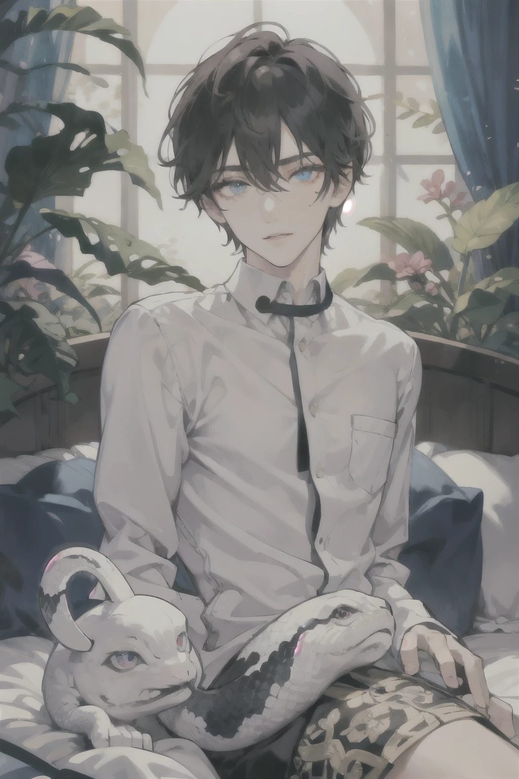 masterpiece, best quality, ultra detailed, (solo man), (male focus), ((Oblong face)), ((Square jawline)), black hair, ((hairs between eyes)), ((shoulder length)), ((narrow blue eye)), fair skin, skinny body, beauty mark, {uniform, outfit, clothes}, dress shirt, snfw, (Giving an insincere smile:0.7), (kiss a big albino snake), arms behind head on a bed, (completely nude:1.2)