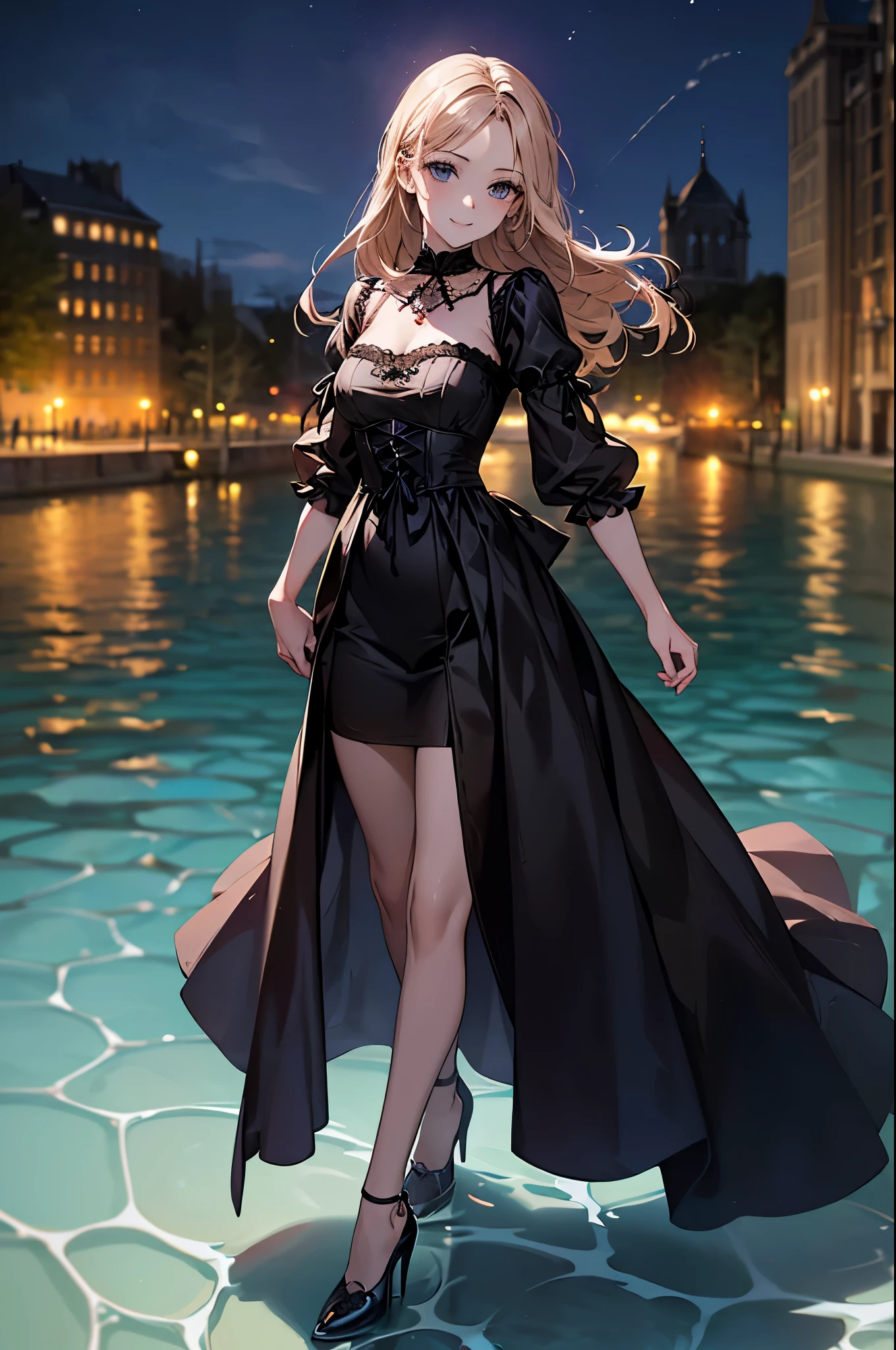 ((Biologically correct limb count))、((whole body including face))、4K、Masterpiece、((Focus on the face))、((Symmetrical, well-proportioned facial features))、Eyes with delicate depictions、(((1 person)))、Beautiful woman、Outstanding style、Slender Body、((Gothic ta、Gothic Dress、(High heels)))、(((Standing on the surface of the water)))、(smile）、(Close-up photo of the upper body）、High angle、Night in the city、Walking posture、