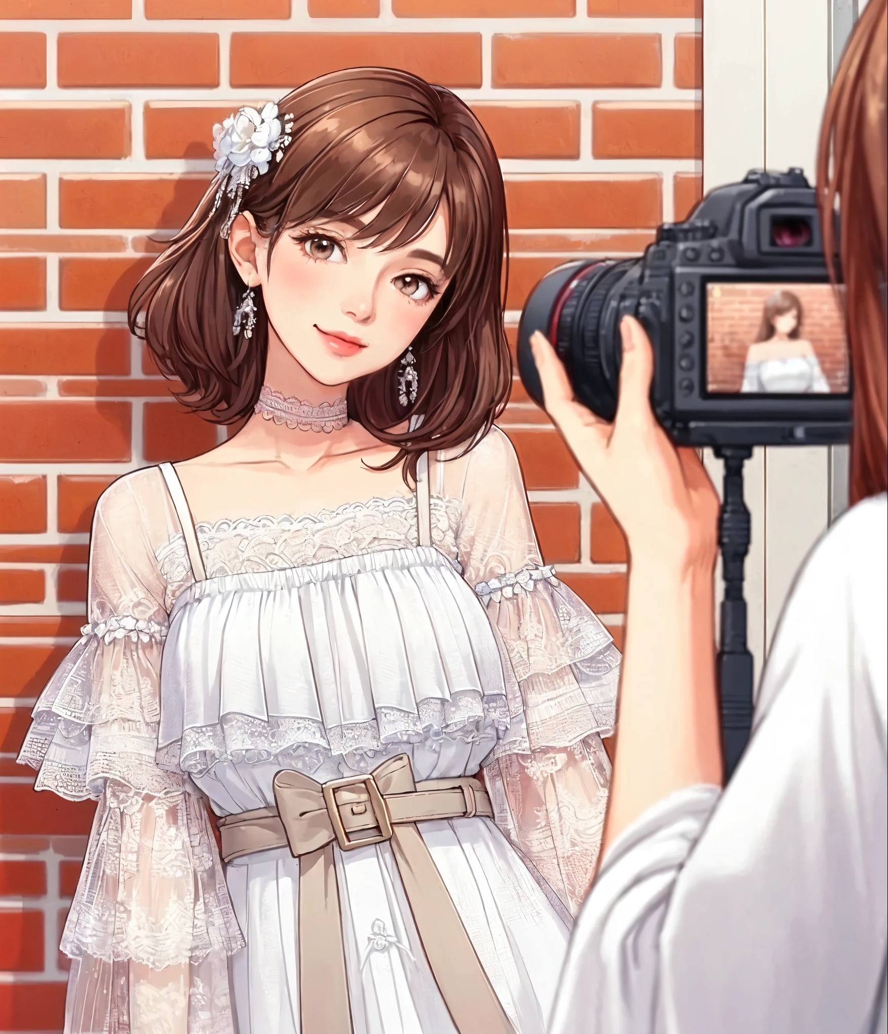 1lady standing, fashion model, (stylish outfit), (chic attire), (white lace:1.1), mature female, /(brown hair/) bangs, ribbon, blush kind smile, (masterpiece best quality:1.2) delicate illustration ultra-detailed, large breasts BREAK (red bricks wall) outdoors, camera, cameraman, detailed background