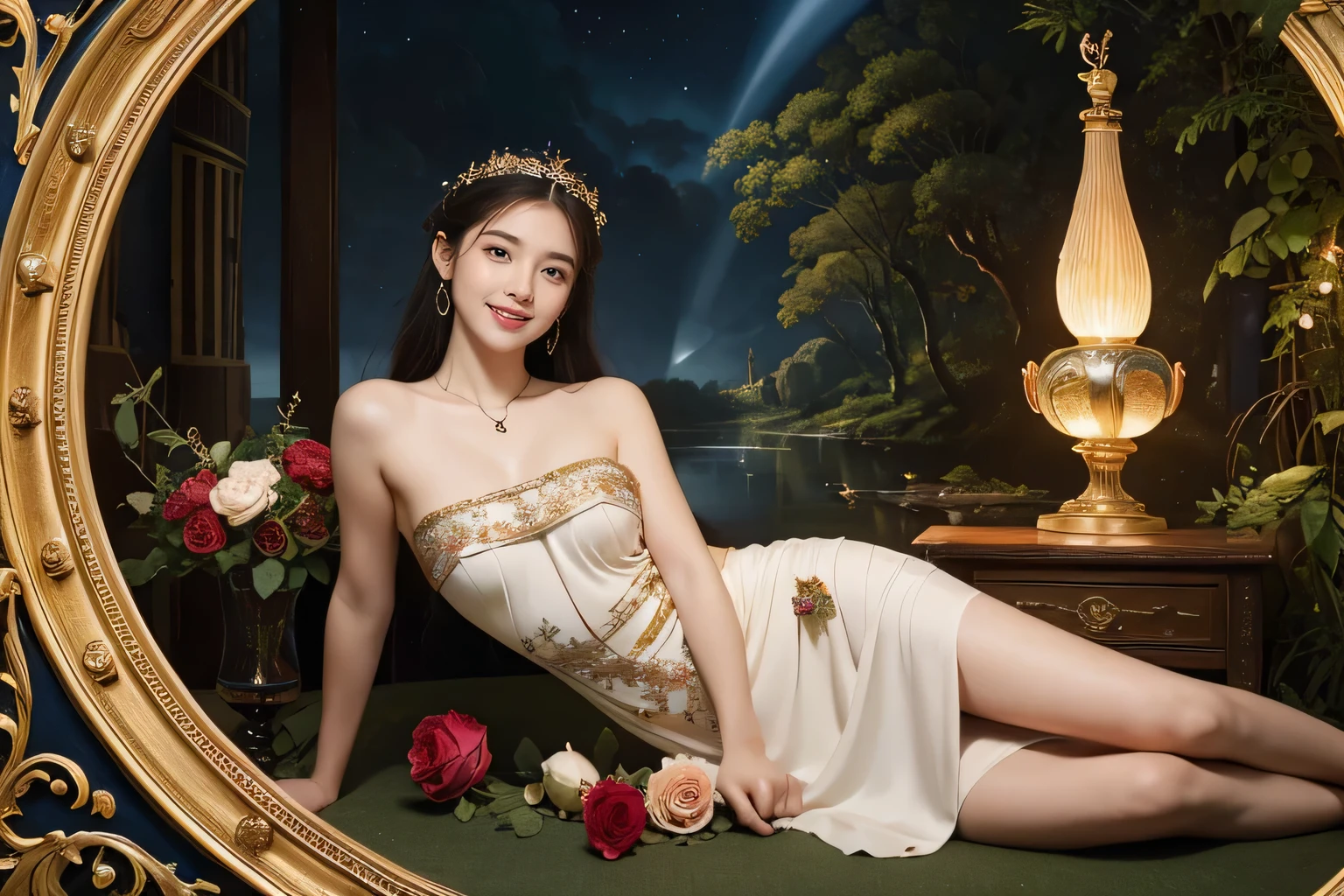 Giorgione painting style,Arguments of two female Philosophe,math、astronomical machine、astronaut、roses in vase、fruits、Cute trinkets、smile、ancient greek costume、Background is a forest lake at night 、Clothes that stretch your shoulders、A big smile、beautiful bare skin、A detailed representation of the seducing woman throughout her body.