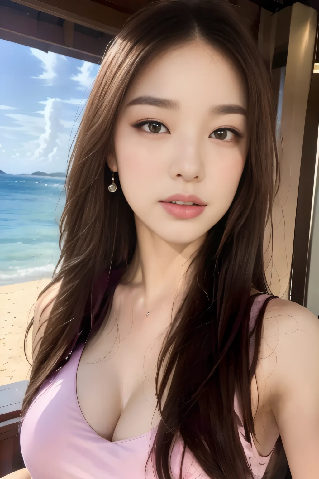 ((highest quality, 8k, masterpiece :1.3)), One Girl,(Very fun:1.1),((Asking for a kiss:1.2)),Pink blush:1.2,blush:1.2, Red lipstick:1.2,Dark lipstick:1.2,Slim face, Beautiful woman, Big Breasts:1.3, 非常にDetailed face, double eyelid, Ocean,Balcony, summer, Hotel,skyscraper,Looking into the camera,((Pink Tank Top)),Pink mini skirt,(masterpiece: 1.3), (Maximum resolution: 1.4), (Ultra-high resolution: 1.2), Cinematic Light, Ultra-high resolution, (Detailed eyes and skin), (Features of Detailed face), 8K resolution, Perfect Style, Beautiful expression、非常にDetailed face and skin texture、Detailed face,Thin cheeks,((Pure white skin:1.1)),Glossy lips:1.2,((Full Body Shot:1.2)),(Straight Hairstyles、Light brown hair),Hair blowing in the wind,175cm,